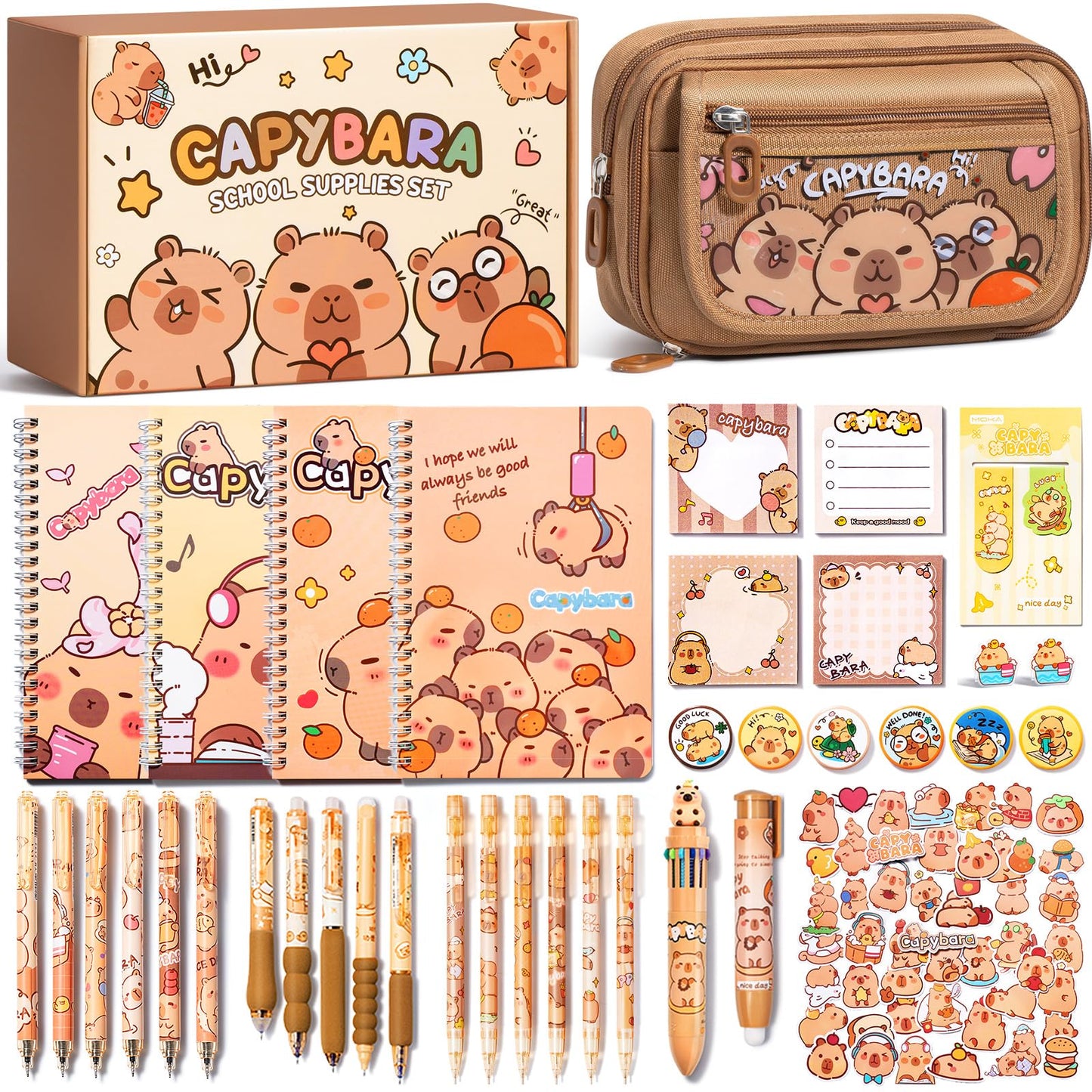 Kid School Supplies for Girl Age 5 6 7 8-12 13 14 Year Old, 36PCS Kawaii Tween Teen Girl Birthday Easter Gift Cute Capybara Stationery Set w/Pencil Case Gel Pen Pencil Sticker Notebook Sticky Note