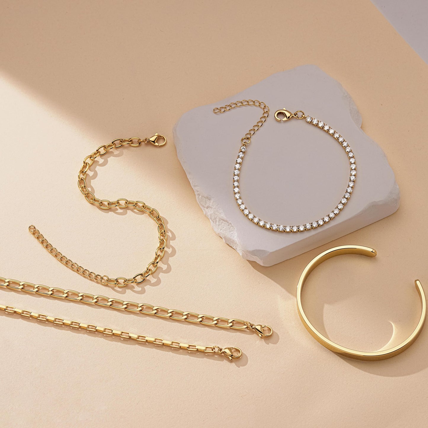 5PCS Gold Bracelet for Women Trendy, 14K Gold Plated Tennis Chain & Cuff Bracelets Set Dainty Cute Gold Stackable Bracelets Non Tarnish Gold Jewelry Set Gift
