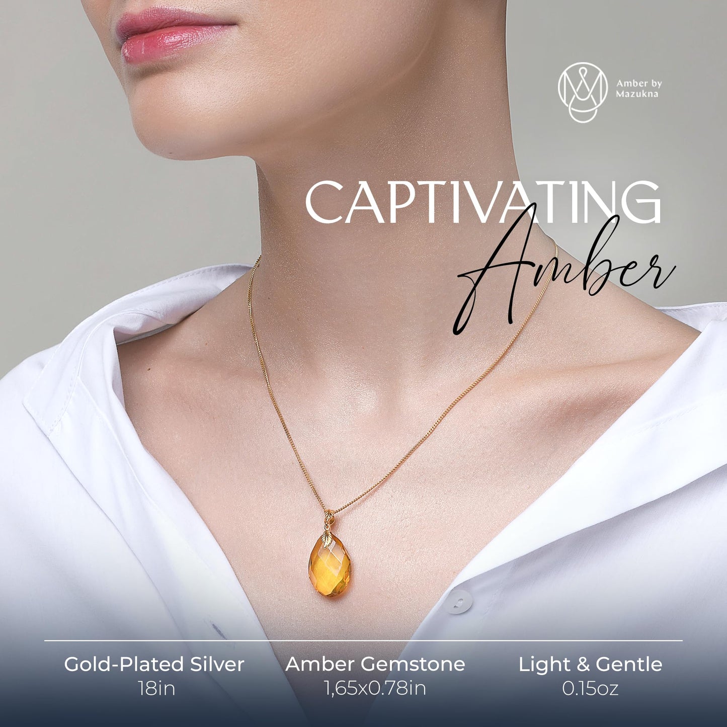 Amber by Mazukna Natural Baltic Amber Pendant for Women, Cognac Drop Necklace with Gold-Plated Sterling Silver Chain, Lightweight 18-inch Jewelry Gift for Everyday Elegance (Amber)