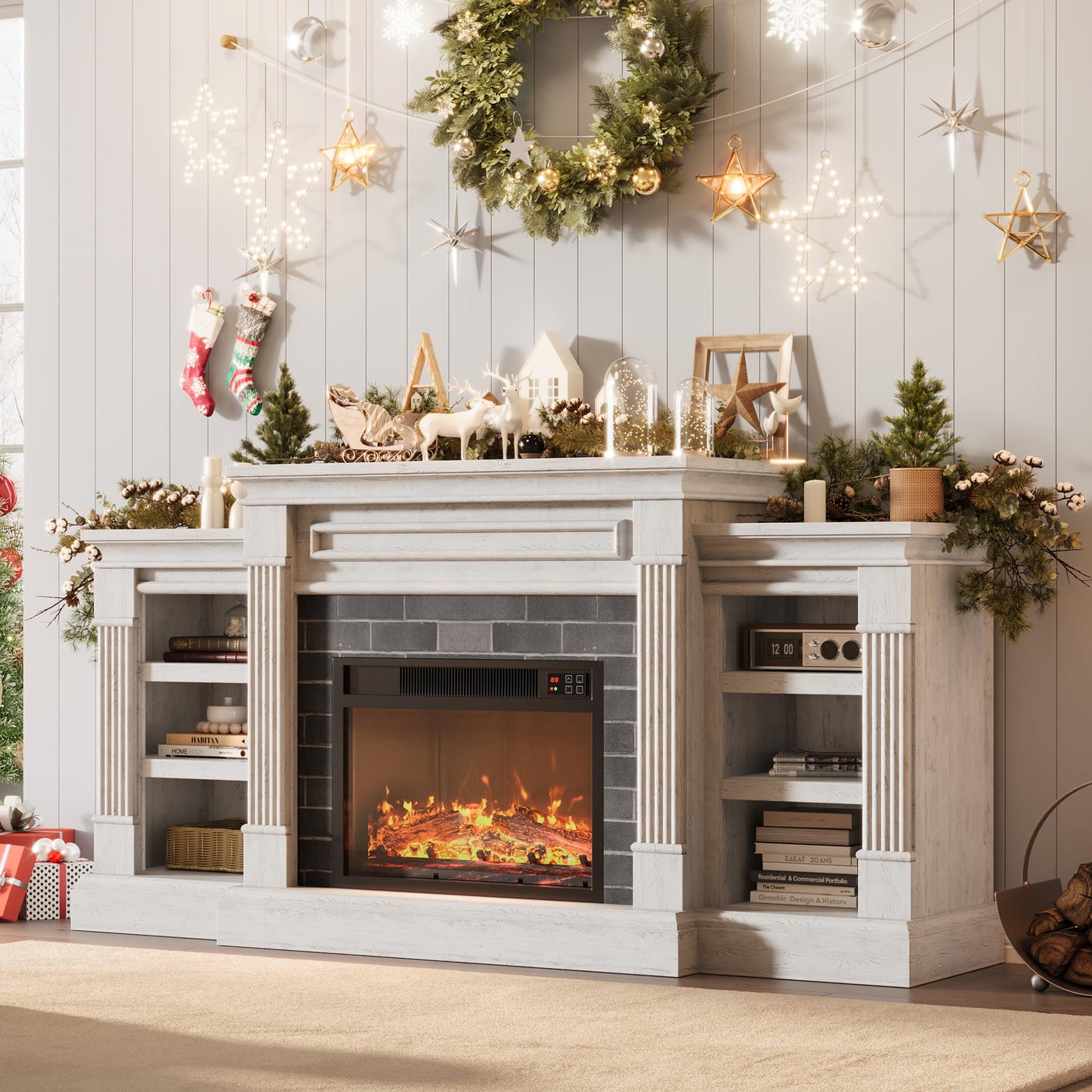 71'' Fireplace TV Stand with 23'' Electric Fireplace, Mid Century TV Console, Entertainment Center with Storage for Living Room, Bedroom