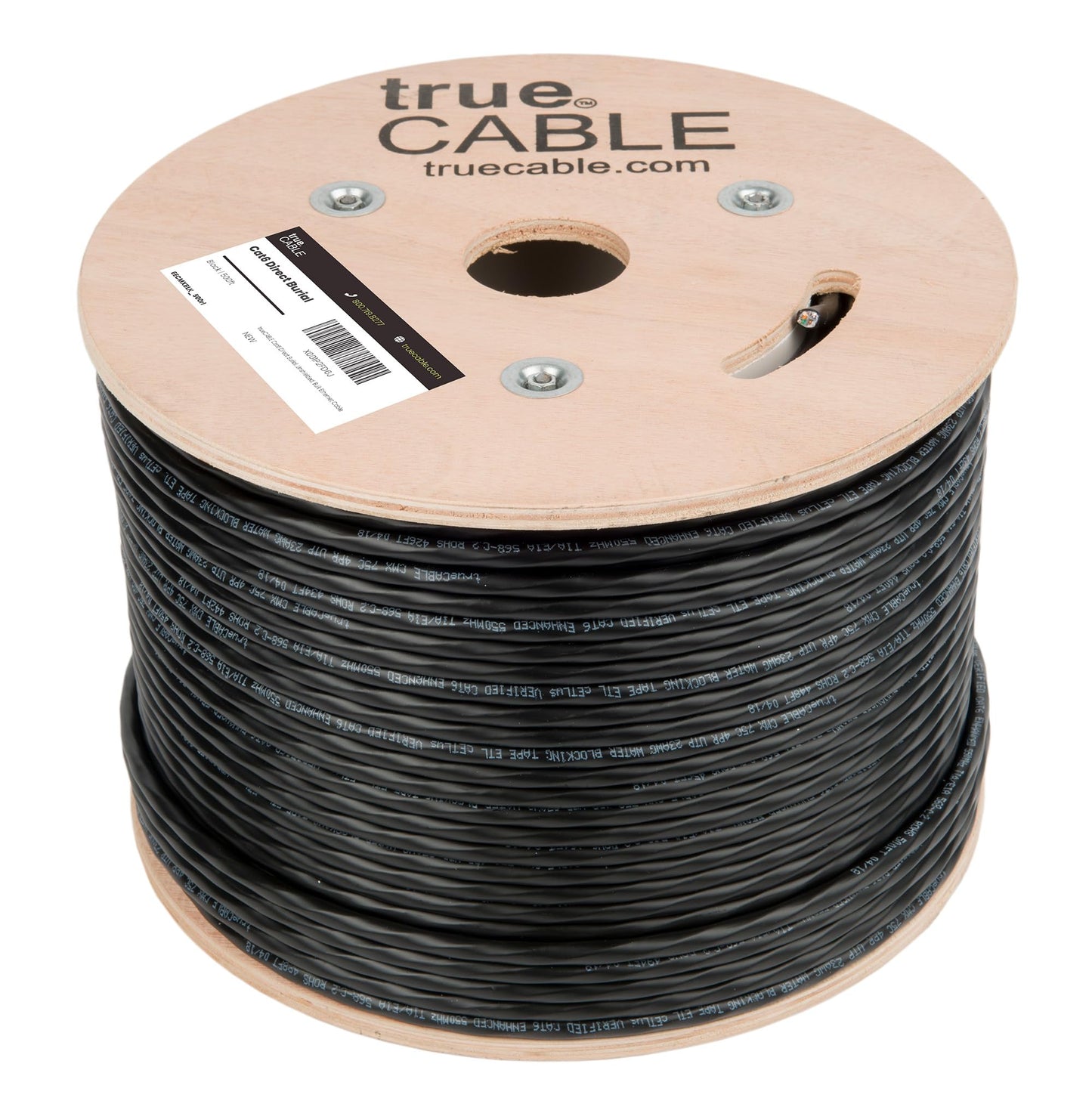 TRUE CABLE Cat6 Direct Burial Outdoor Bulk Ethernet Cable, Unshielded, 500ft, Black, 23AWG Solid Bare Copper, Outdoor OSP Jacket, Waterproof, UV, 550MHz, PoE++ 100W (4PPoE)