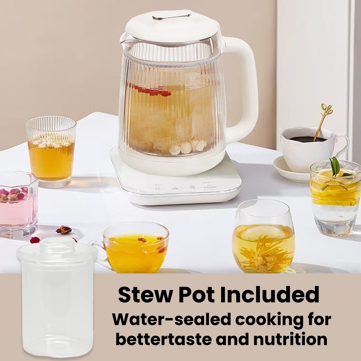 Double-Layer Electric Kettle1.5L with Stew Pot,Glass Health Pot, 9-in-1 Glass Tea Maker, Programmable Touch Panel, Stainless Steel Base for Soup, Porridge, Herbal Tea