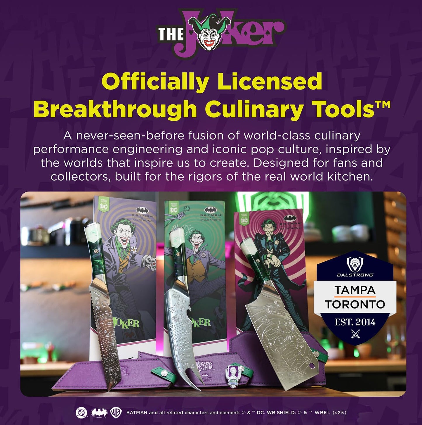 Dalstrong Professional Chef Knife - 8" - THE JOKER Edition Official License - 5 Layer 9CR18MOV Stainless Steel - Resin Handle - Knife Guard