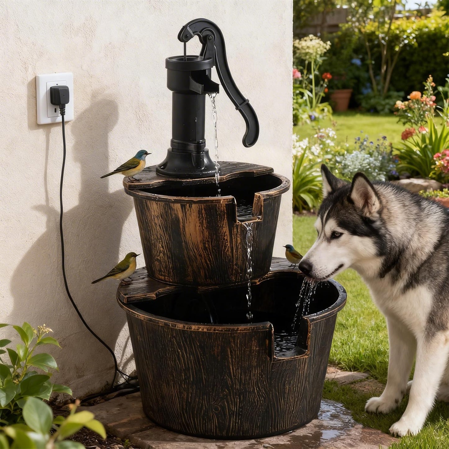 3-Tier Freestanding Rustic Barrel Waterfall Fountain,40-Inch Wood Outdoor Water Fountain with Pump for Garden,Patio, Backyard and Porch
