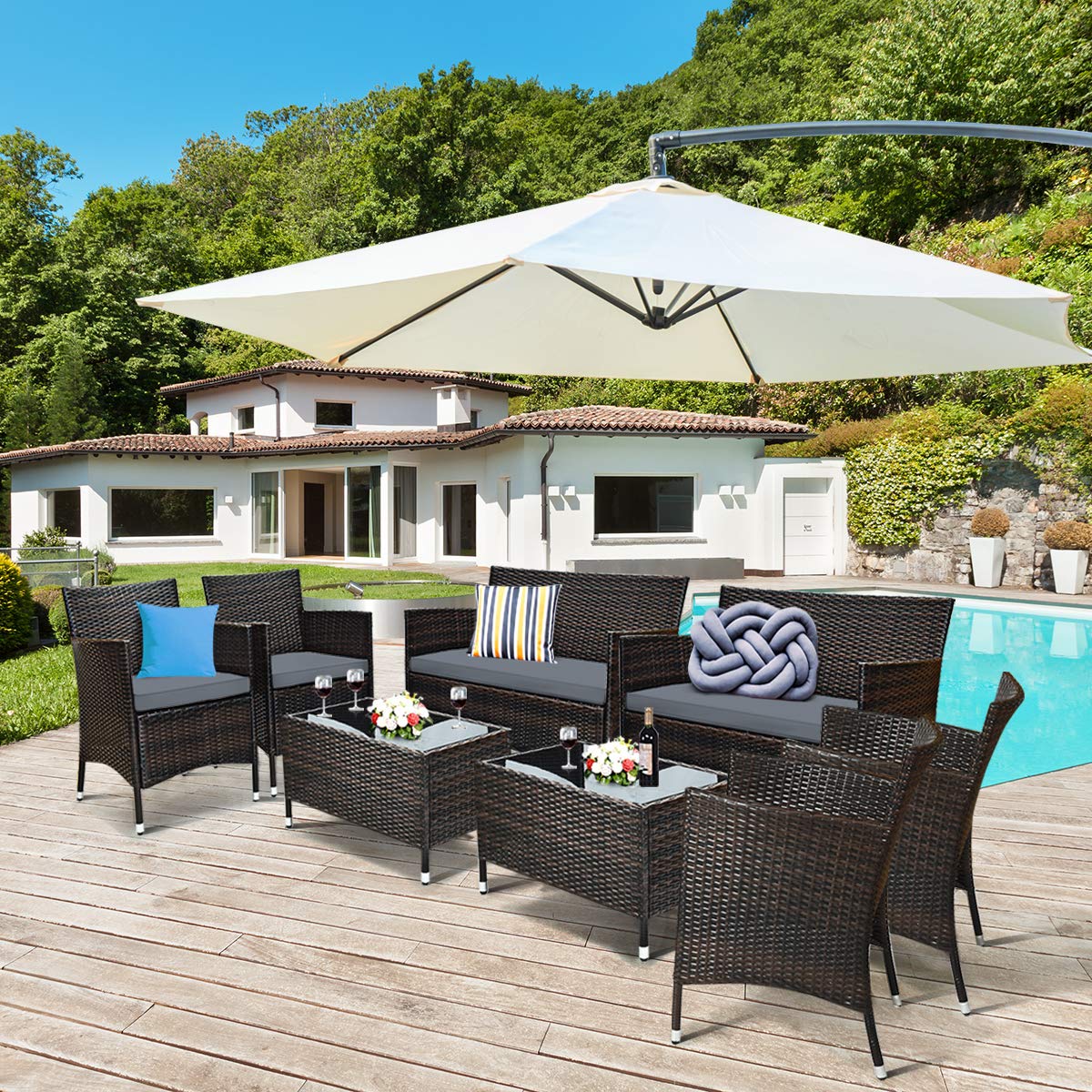 COSTWAY 8PCS Rattan Patio Furniture Set, Outdoor Wicker Rattan Chairs with Coffee Table, Rattan Cushioned Conversation Set for Backyard Balcony Porch Poolside, Grey