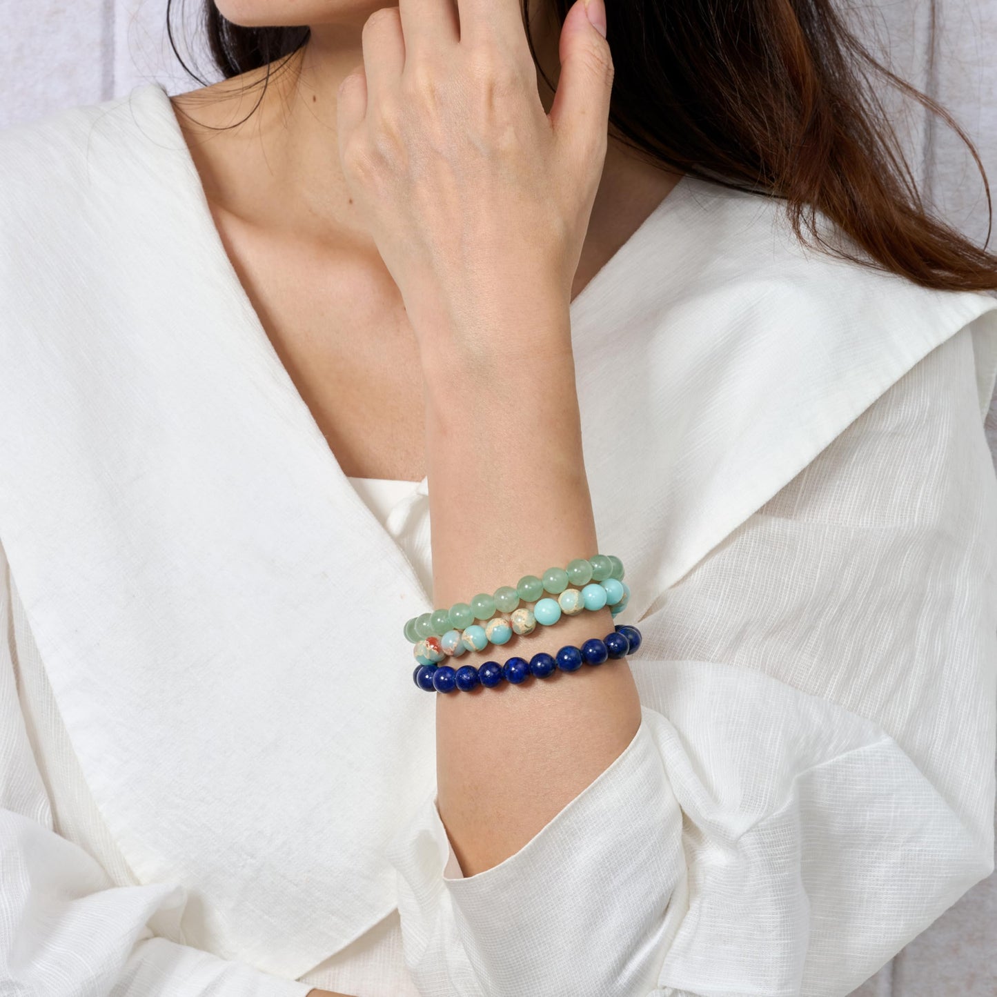 Bivei 3-Piece 8mm Beaded Bracelets for Women – Lizardite, Green Aventurine, Lapis Lazuli – Handmade Natural Crystal Stretch Elastic Jewelry for Meditation, Yoga, Protection Gifts
