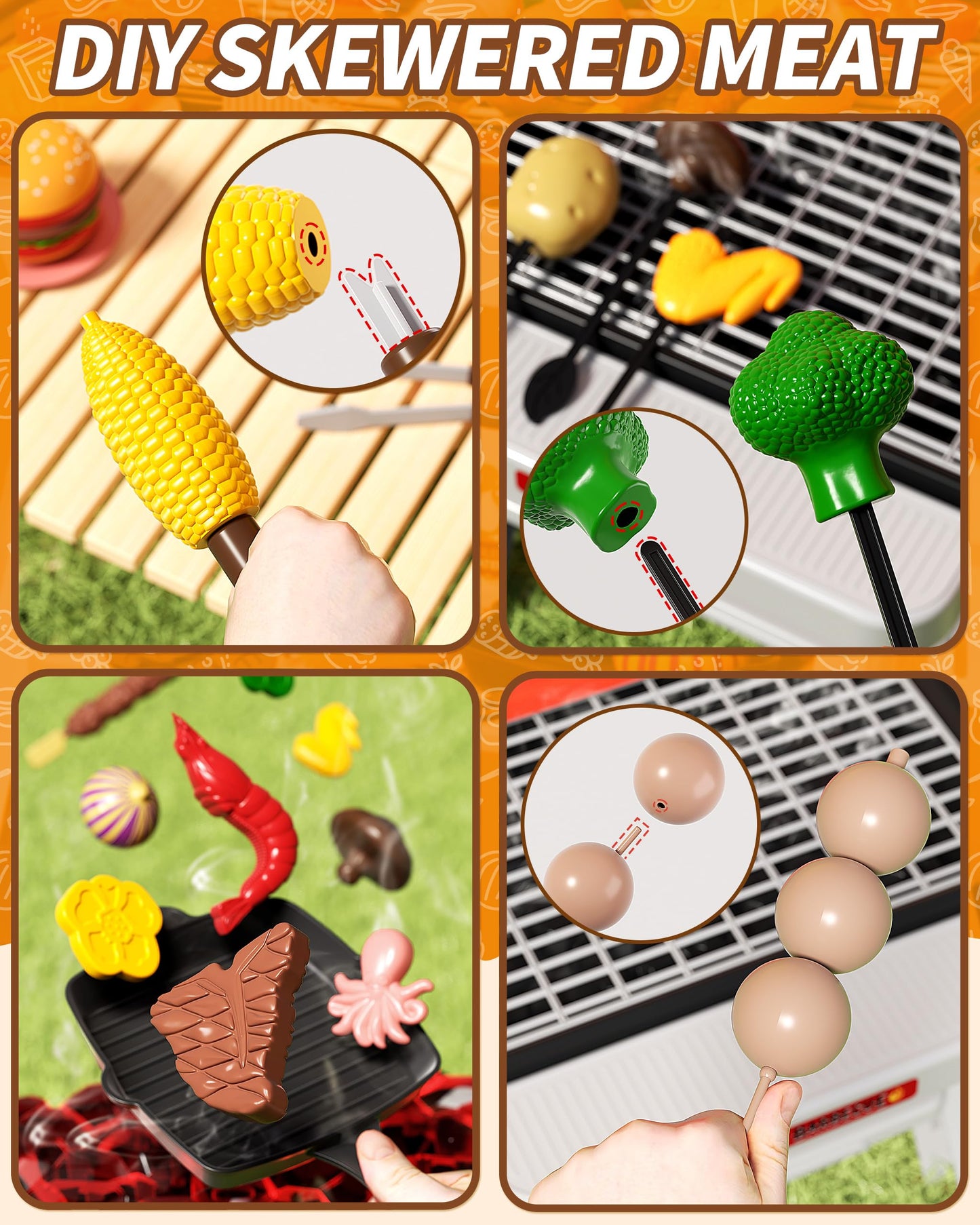 STACTCUTE Kids BBQ Grill Playset with Realistic Steam, Sound & Lights - 60Pcs Pretend Play Kitchen Food Toy for Toddlers Boys Girls for 3-5+ - Sturdy Double-Layer Outdoor Backyard Cooking Set Gift