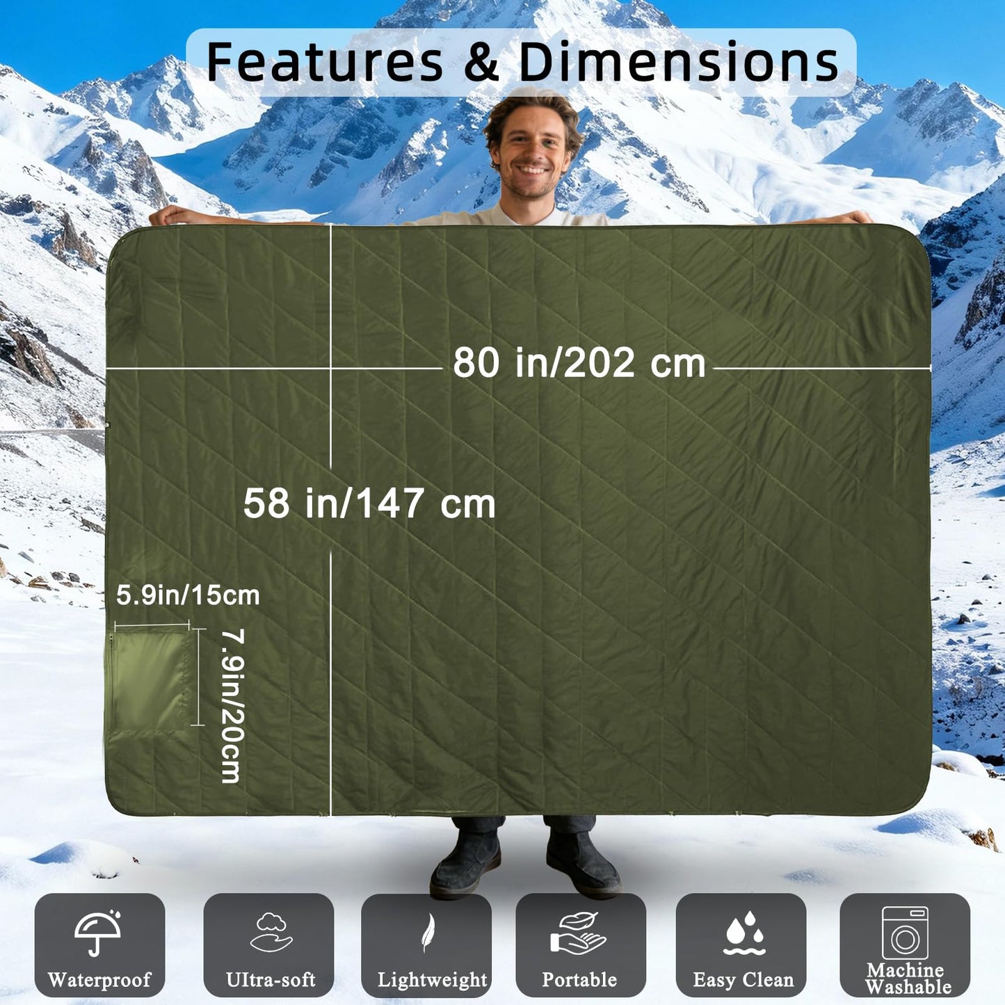 Tikroom Large Waterproof Outdoor Camping Blanket, 80 x 58 inch Fleece Picnic Blankets Windproof Travel Stadium Blanket for Beaches Pets Car Camp Picnic Mat for Both Cold & Warm Weather