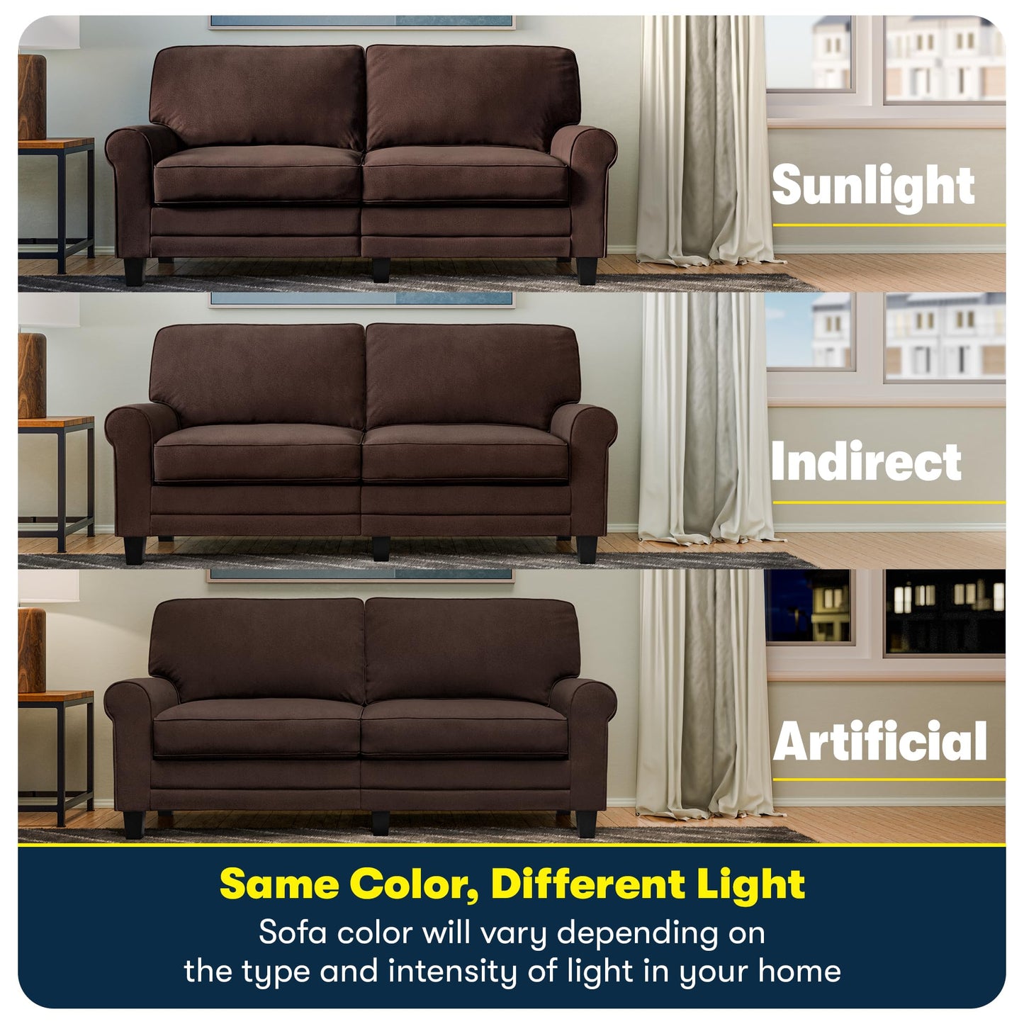Serta Copenhagen 61" Rolled Arm Sofa, Easy Care Polyester, Soft Pillow Back, Pocket Coil Seat Cushions, Removable Covers, Loveseat or Couch for Small Spaces, Living Rooms or Bedrooms, Brown