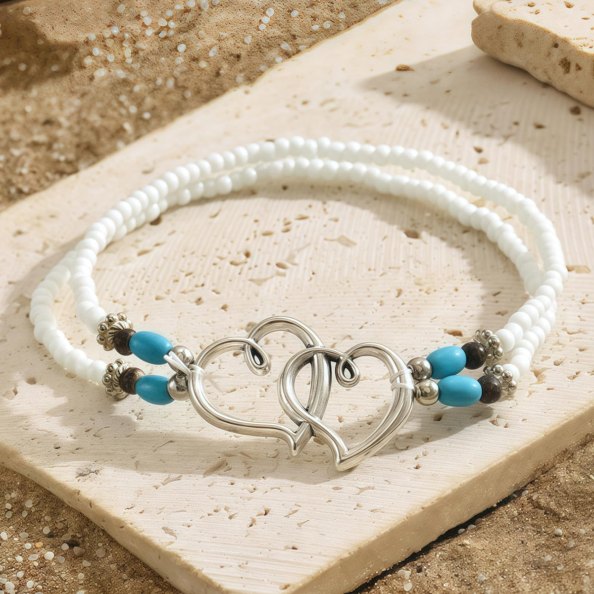 Qceasiy Shell Ankle Bracelet Set for Women, Boho Bead Adjustable Anklet, Hawaiian Beach Seashell Pearl Heart Starfish Conch Foot Jewelry Gifts (Double Heart)