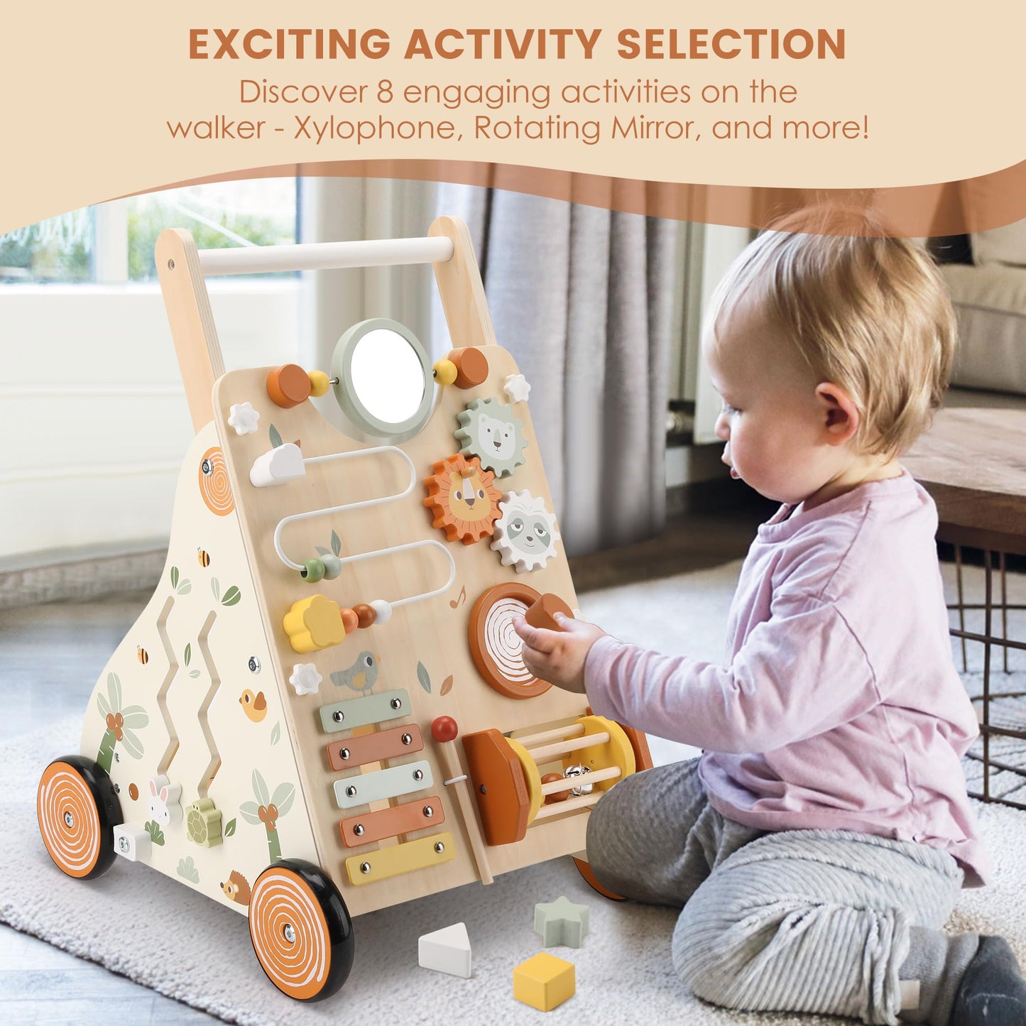 Pithfor Wooden Baby Walker, Baby Push Walker with Activity Center for Girls Boys, Montessori Push Walker Toys for Babies Learning to Walk, Sit-to-Stand, for 10-12 Months 1 2 3 Years Old