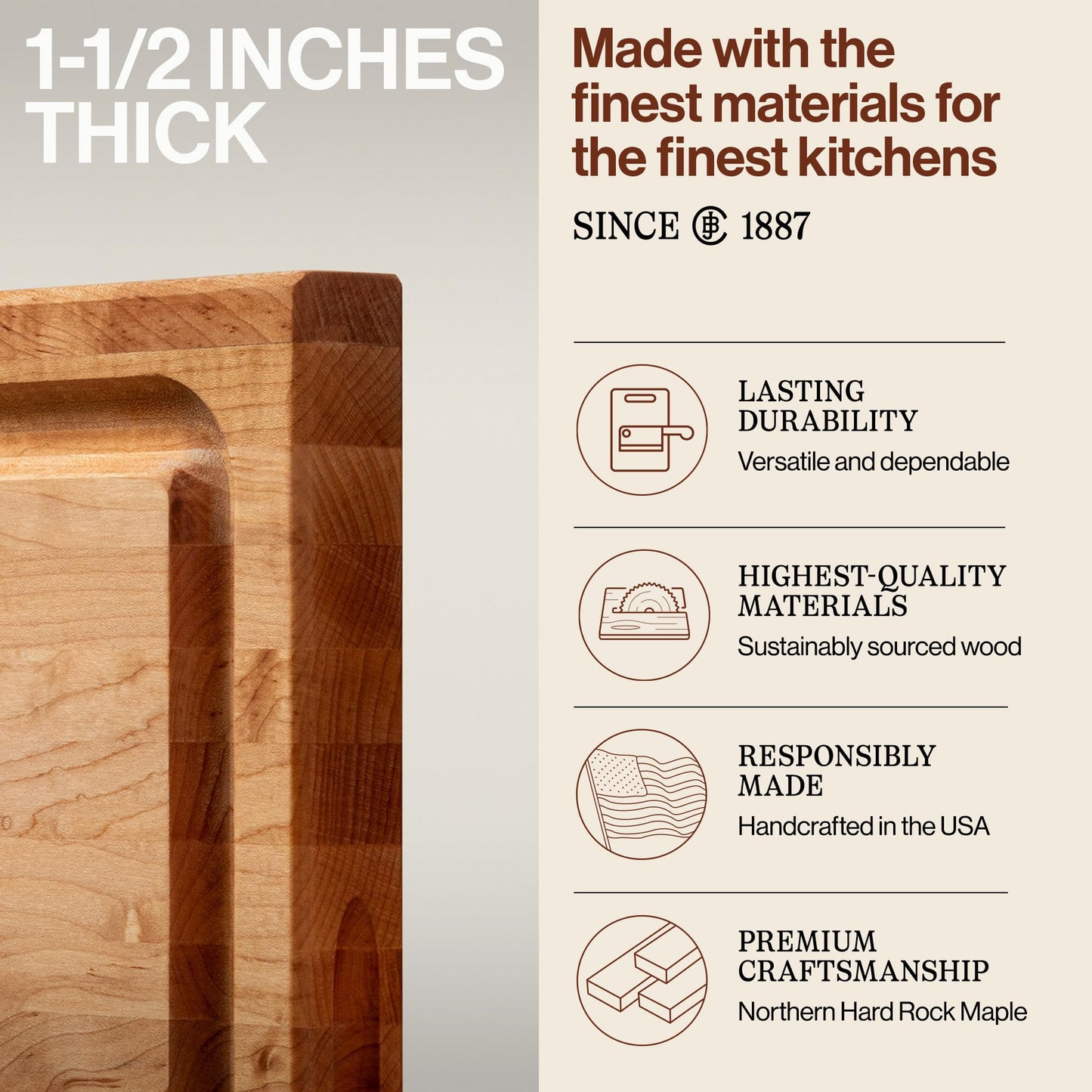 John Boos CB Series Rectangular Wooden Maple Cutting Board 24”x18” – 1.5” Thick, 18-lb Reversible Butcher Block with Juice Groove, Edge-Grain & Finger Grips – Made in the USA