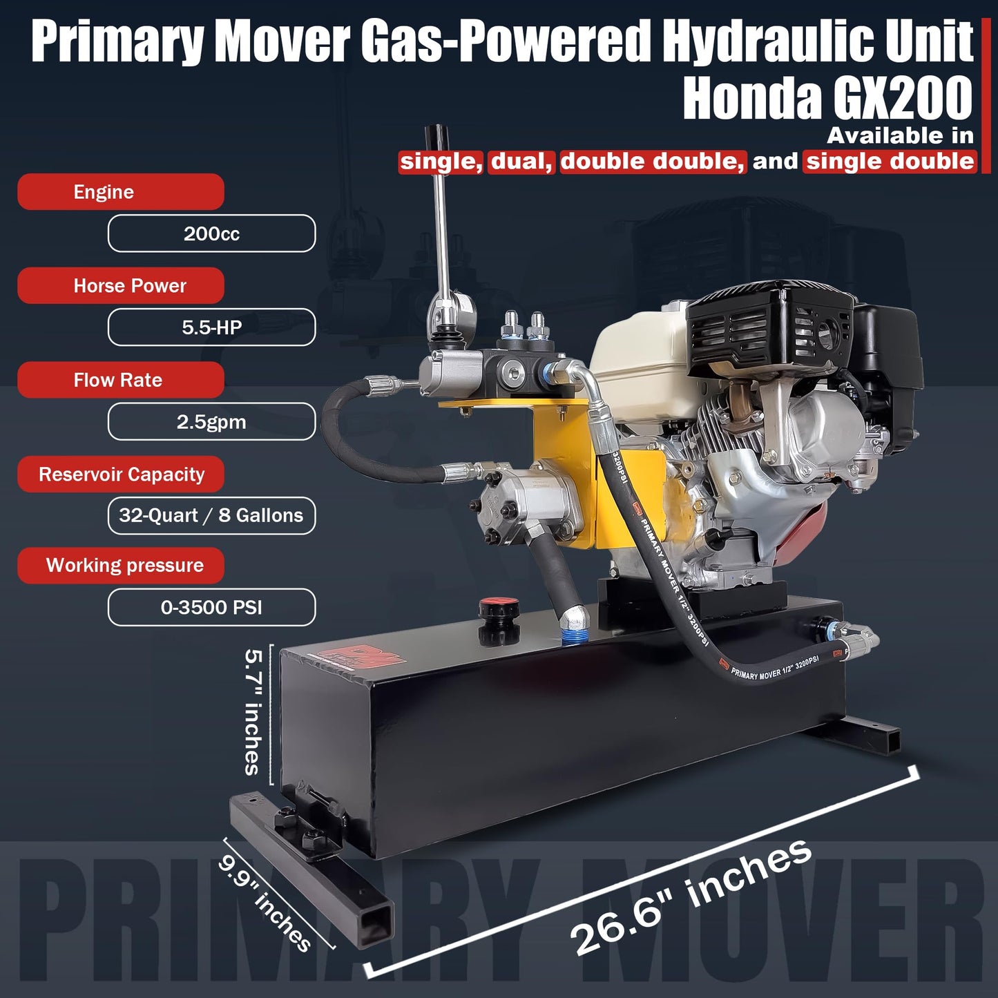 Primary Mover Gas-Powered Hydraulic Power Unit – Honda GX200, 5-Gallon Reservoir (15 Qt Usable), Double Acting, Single Valve, Pull Start – 3200 PSI Max (Pull Start, 5 Gallon Double Acting)