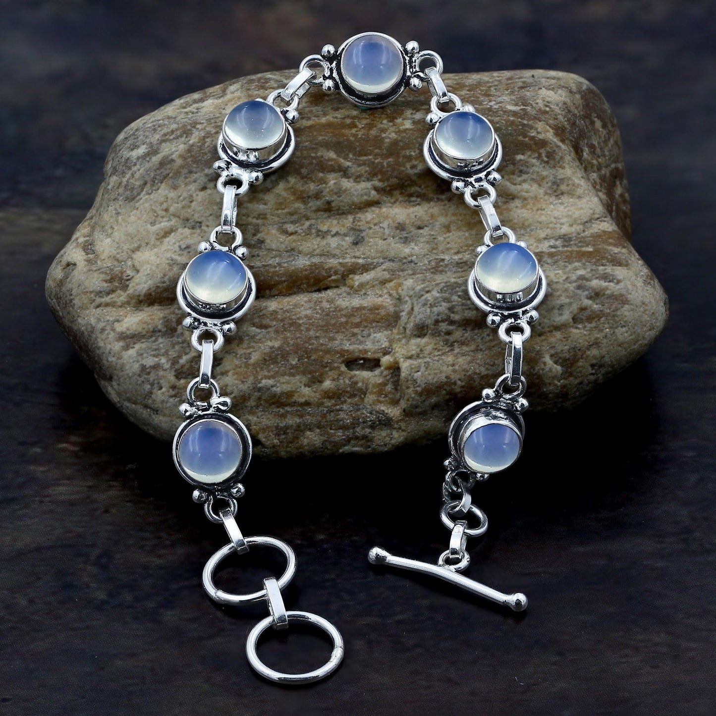 Synthetic Opalite 925 Silver Plated Round Gemstones Adjustable Bracelet for Women - Vintage Bohemian Style Handmade Link Bracelet - Wedding Gifts for Mom Wife Her