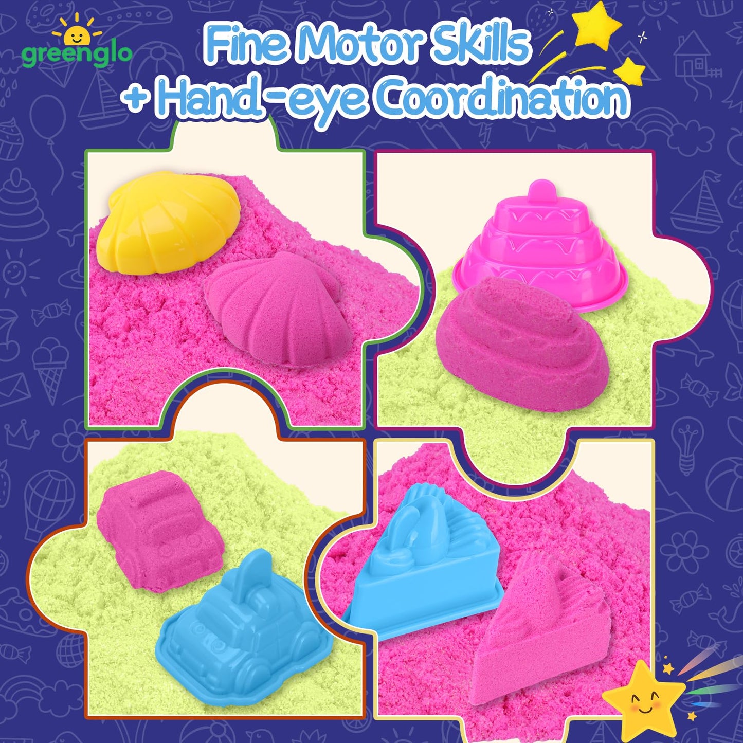greenglo Kids Sensory Magic Sand Playset - 1.10 Lbs Color Sand Kit, 16 Pcs Molds (Cake/Dessert, car, sea Animal) & Tools, Ideal Sensory Bin for Boys & Girls Ages 3-8