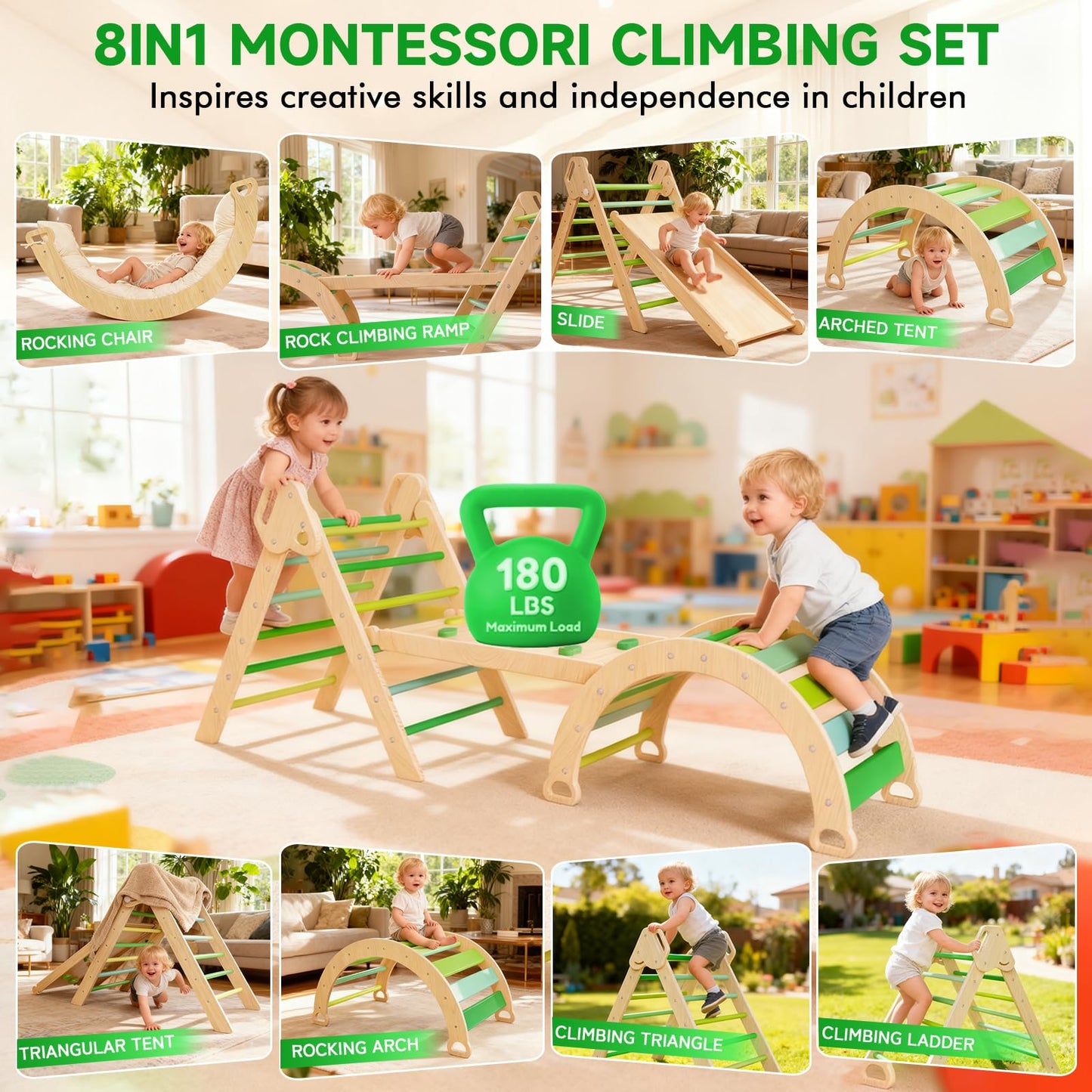 ZippyZebra Large pikler Triangle Set with Cushion，7 in 1 Foldable Baby Jungle Gym with Ramp & Arch，Wooden Montessori Toddler Climbing Toys Indoor for Toddlers 1-6 Year Old (Green)