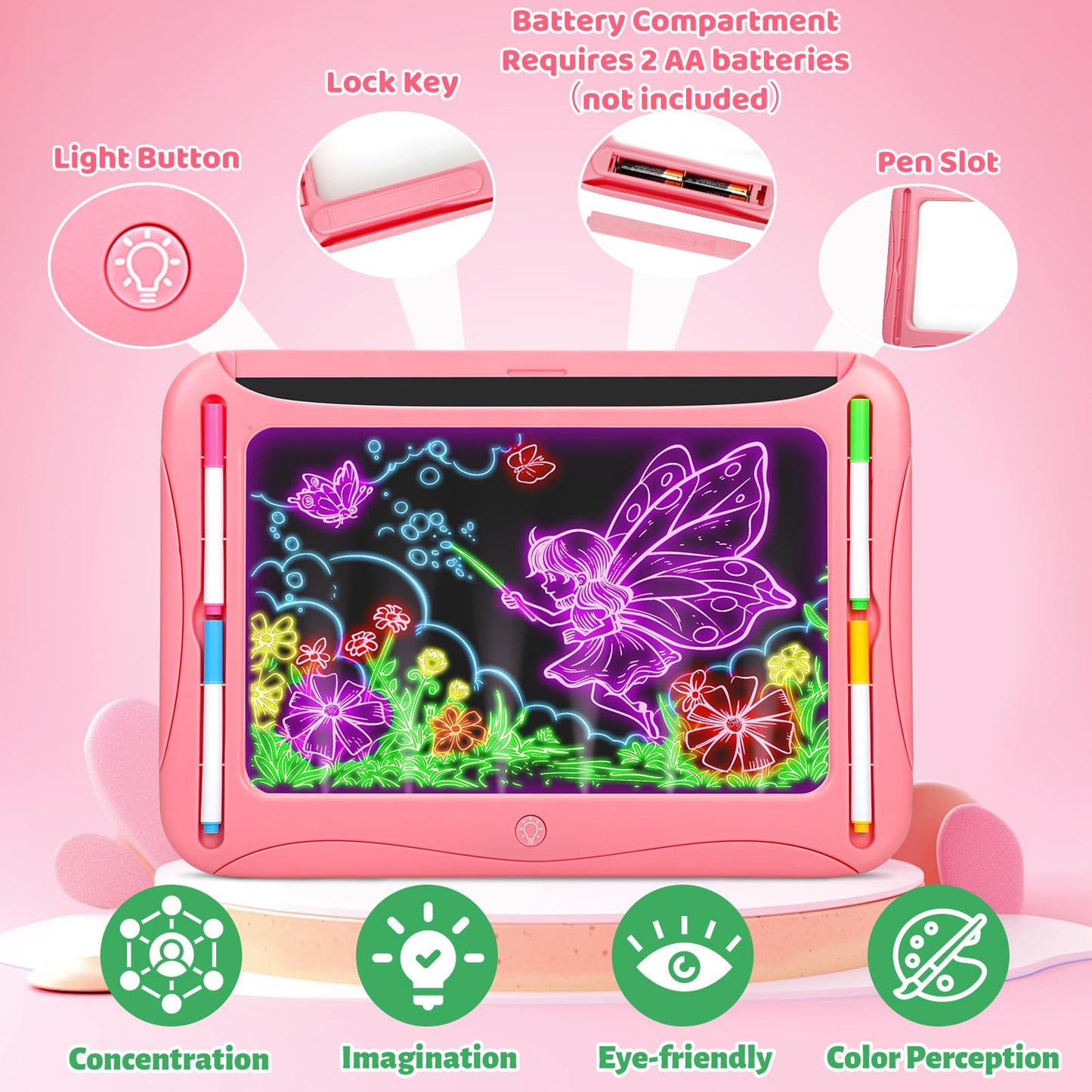 Magic LED Drawing Board for Kids, Girl Toys for Ages 5-7, Christmas Birthday Gifts, Light Up Tracing Pad, 9 Double-Sided Cards, 6 Markers, Neon Effect Doodle Writing Tablet, Arts Crafts Learning Toy