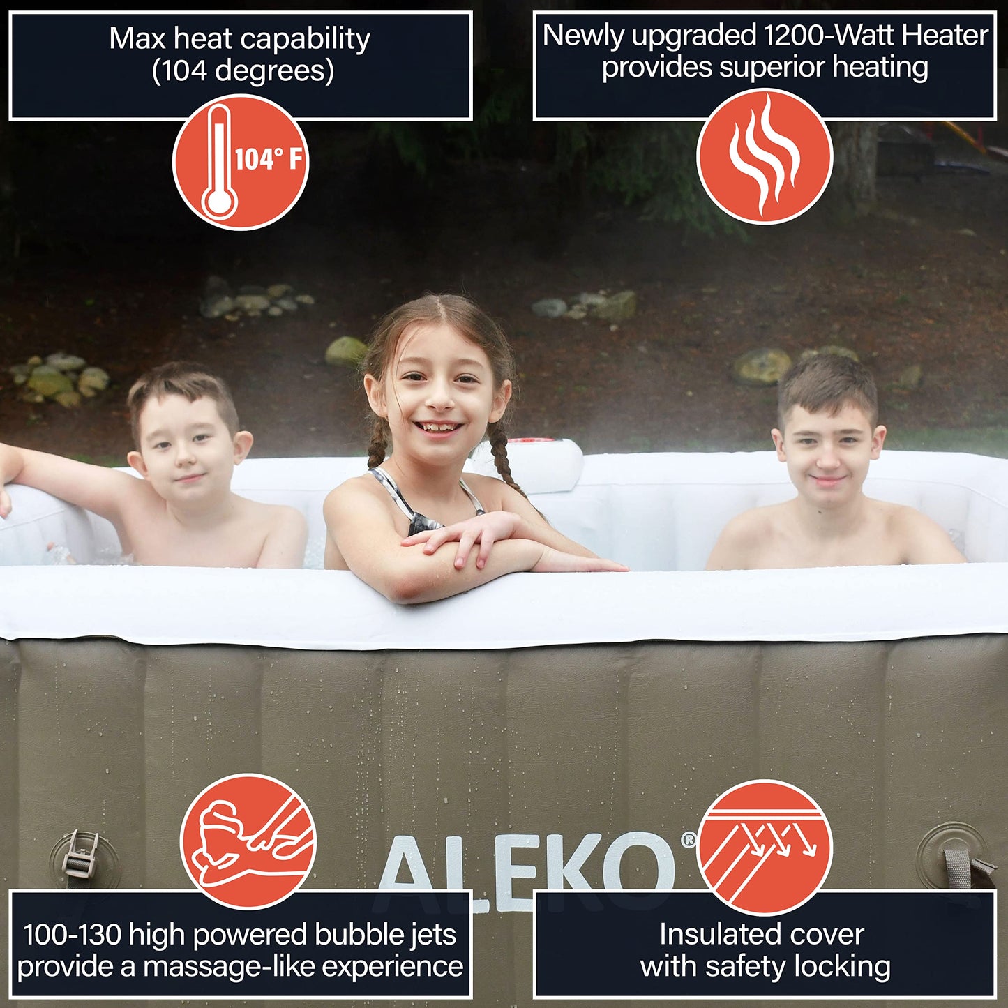 ALEKO Inflatable Hot Tub Spa | Personal High Powered Jetted Bubble | with Fitted Cover and 3 Filters | 160 Gallon | 4 Person Square | Brown | HTISQ4BR