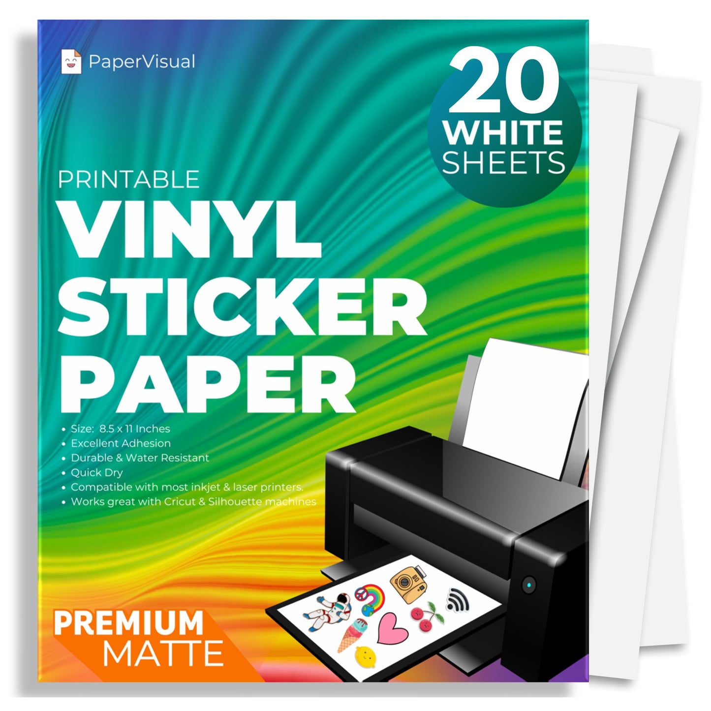Premium Printable Vinyl Sticker Paper for Inkjet and Laser Printer - 20 White Matte Sticker Paper Waterproof - Excellent Adhesion Paper 8.5 x 11, Fast Dry, Holds Ink Well, Great for Cutting Machines