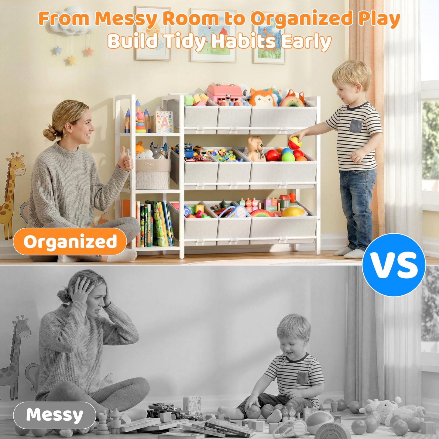CODACE Kids Toy Organizers and Storage - Toy Shelf for Playroom， Kids Room and Living Room Organization, Toddler Toy Bins for Kids Organizer，Kids Bookshelf and Toy Storage, White, Easy to Assemble