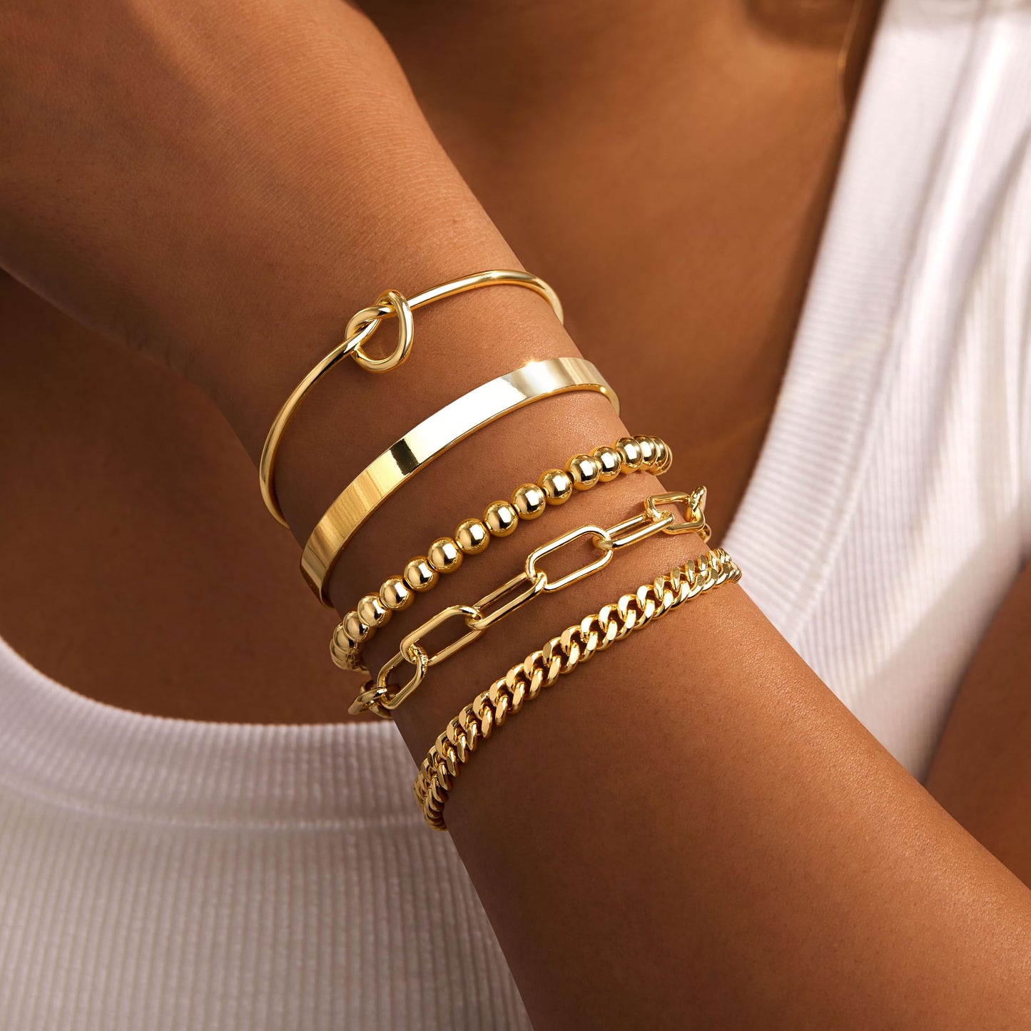Gokeey Gold Bracelets for Women Non Tarnish Waterproof 14K Real Gold Plated Bracelets Stack Dainty Chunky Bangle Cuff Love Knot Paperclip Bead Cuban Bracelet Layered Chain for Jewelry Gifts