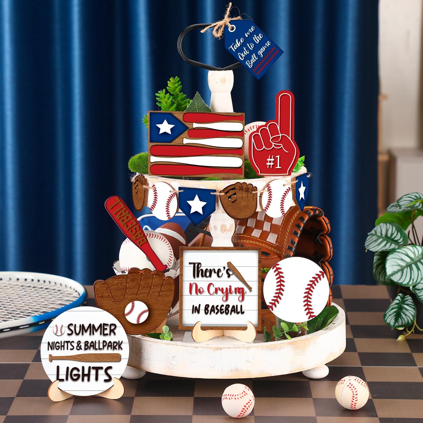 FairySandy 13 Pcs Baseball Tiered Tray Decor Wooden Baseball Table Centerpieces Decor Rustic Wooden Sport Game Sign for Fans Theme Party Supplies