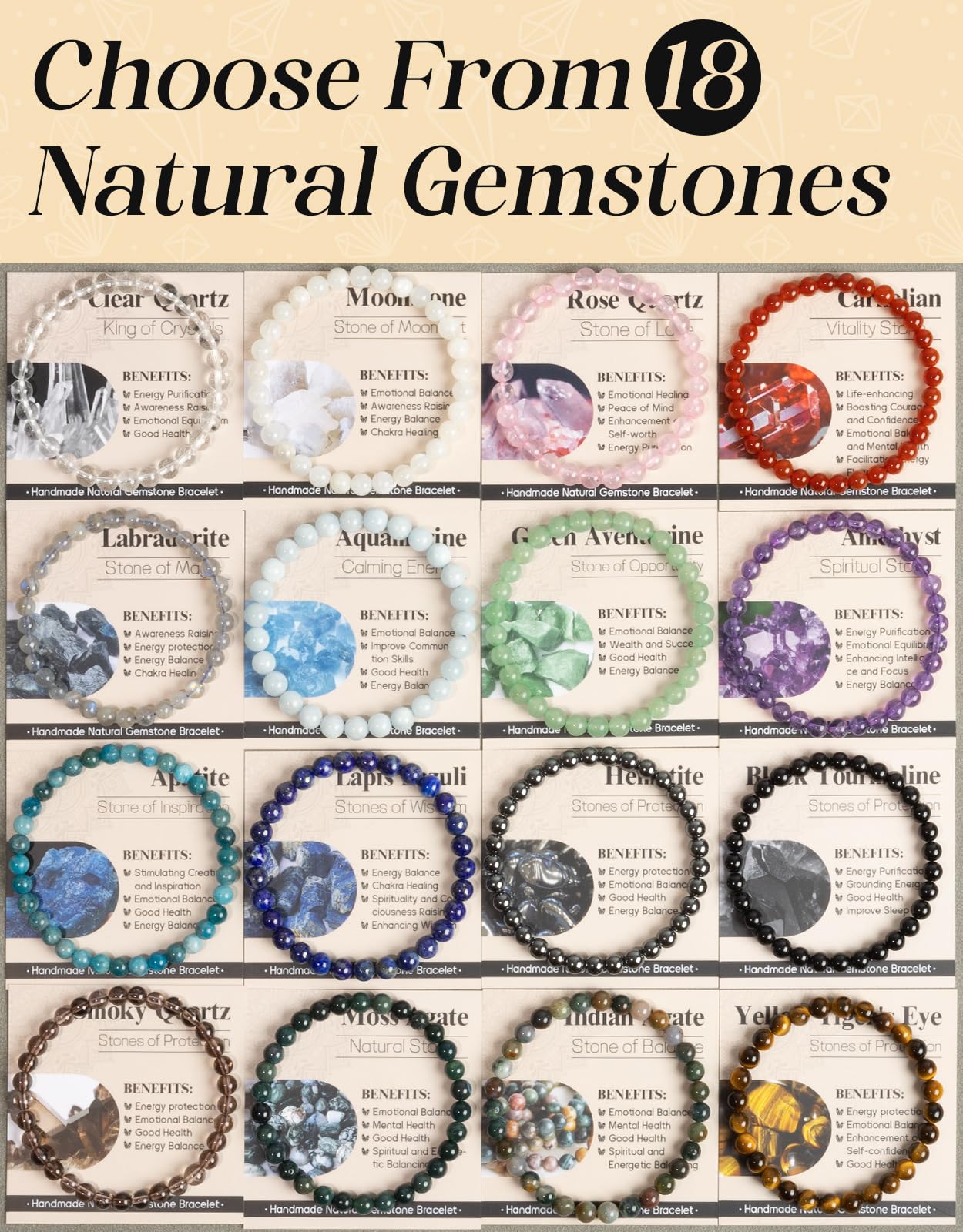 Landorilo Beaded Bracelet for Men Women, 6mm Natural Stone Indian Agate Healing Crystal Stretch Bracelets, Ideal Christmas Birthday Jewelry Gifts with Energy Card，Replacement Beads Included