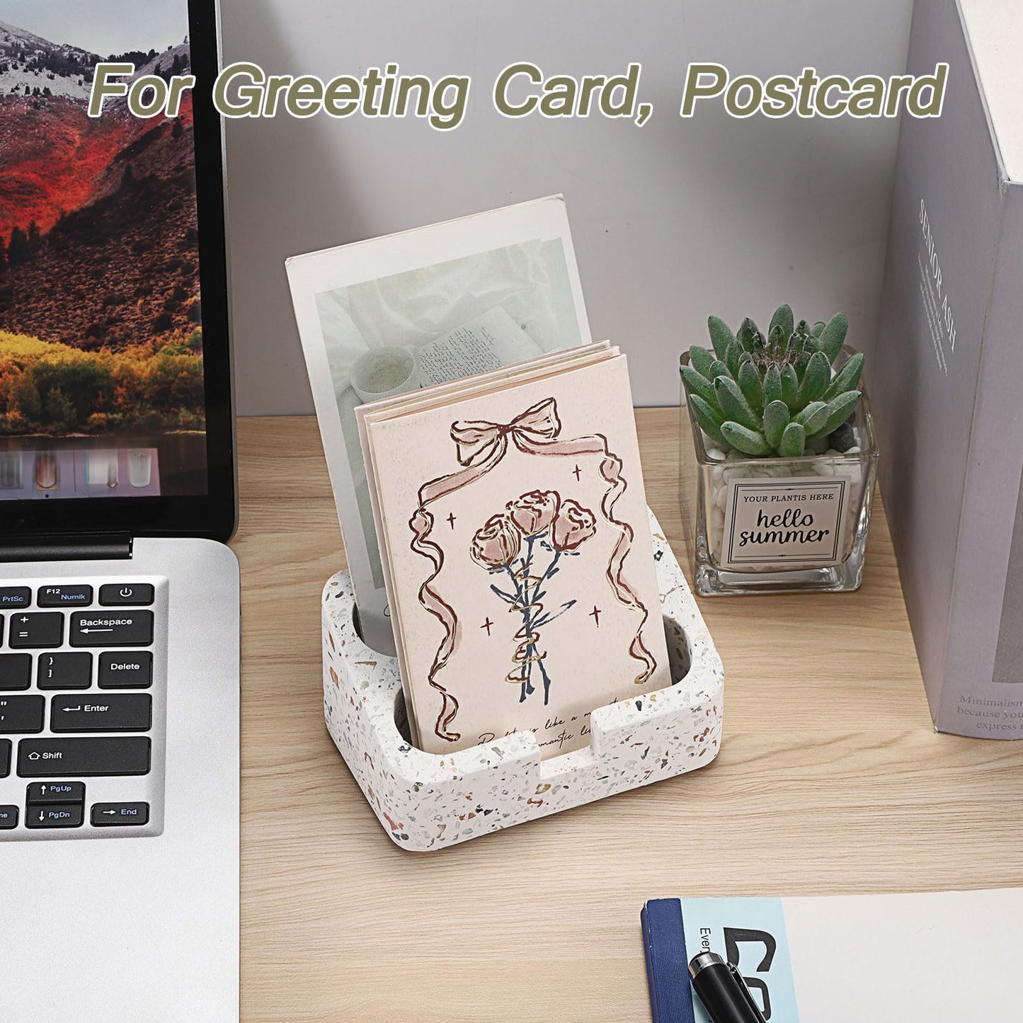 Hipiwe Business Card Holder Stand for Desk, 2 Slots Terrazzo Business Name Card Display Stand for Women Men Desktop Concrete Business Card Organizer for Office, Fits for 100 Business Cards