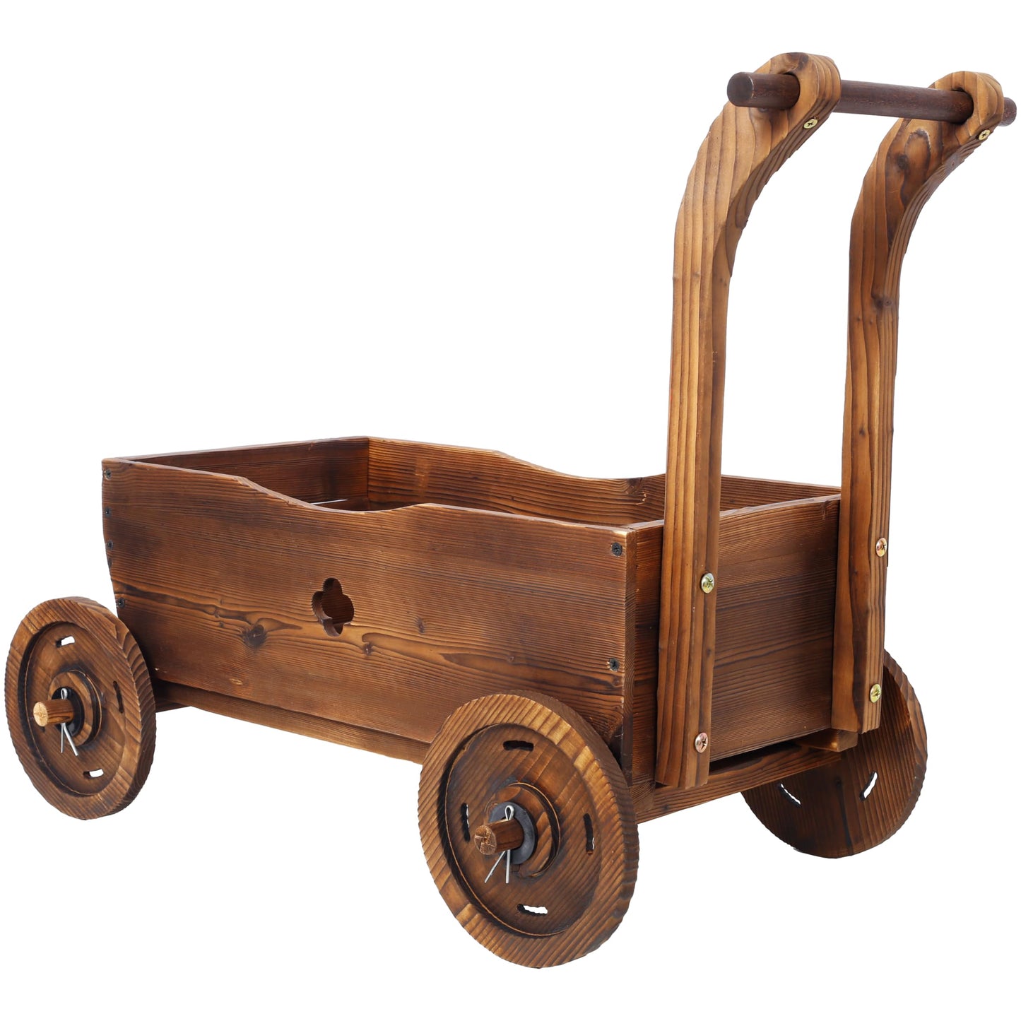 VRAXO Wooden Wagon Planter Box, Mobile Garden Planter with 4 Wheels, Handle, Drain Hole, Decorative Flower Planter for Indoor & Outdoor Decor, Wooden Flower Cart for Patio, Garden, Balcony, Brown