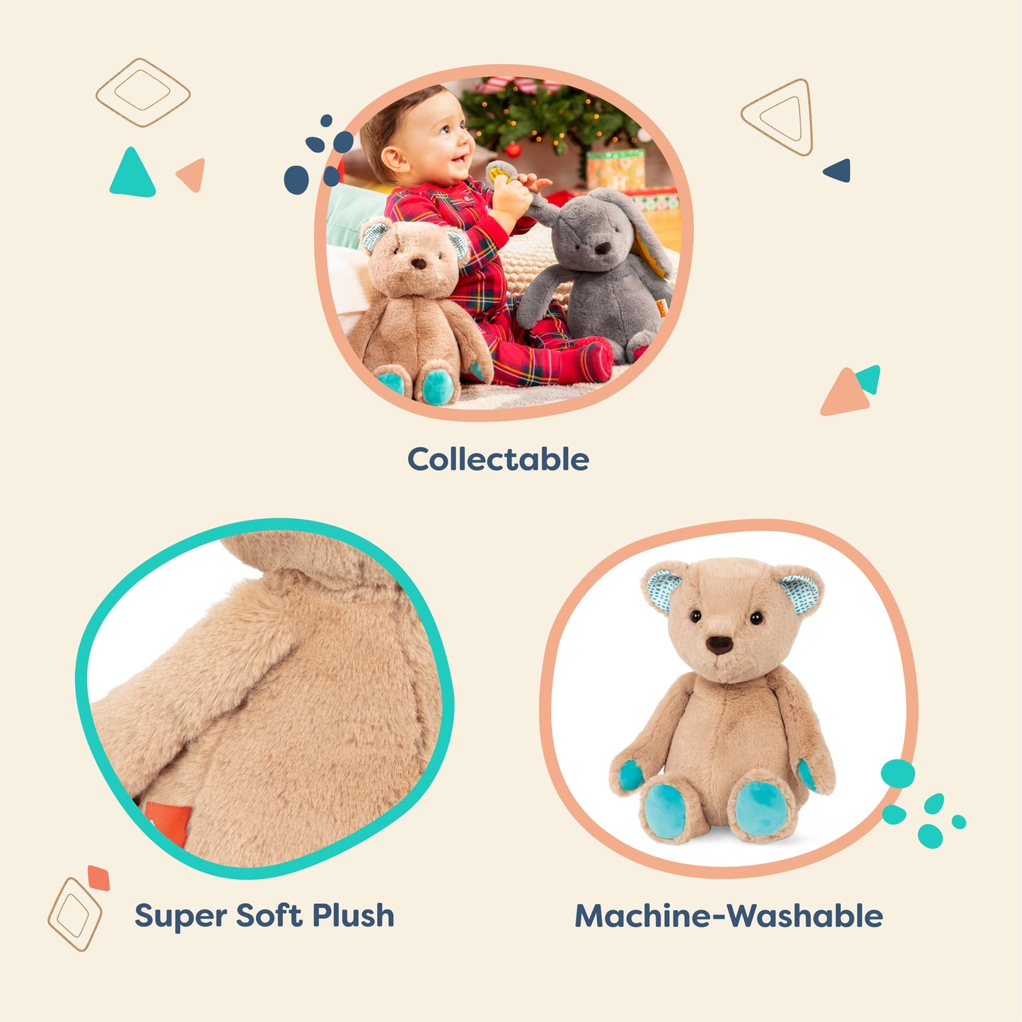 B. toys – 12-Inch Plush Teddy Bear – Soft & Cuddly Stuffed Animal Toy – Huggable & Washable – for Newborns, Toddlers, Kids – Happy Hues – Cara – Mellow Bear – 0+ Months