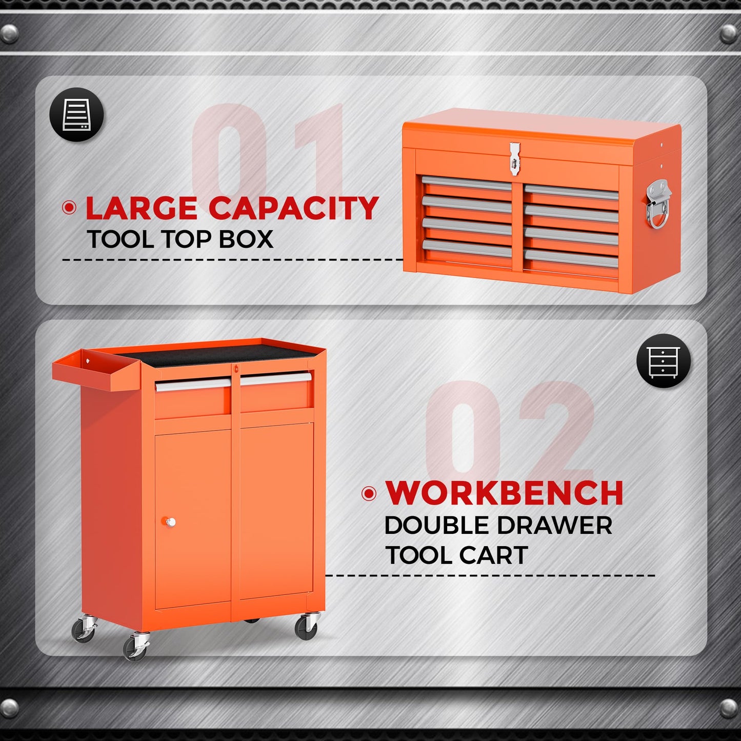 Brightpeak 5-Drawer Rolling Tool Chest – Heavy-Duty Steel Tool Cabinet with Detachable Top Box & Locking Wheels – Secure 2-in-1 Garage Workshop Storage, Tool Organizer(Orange)