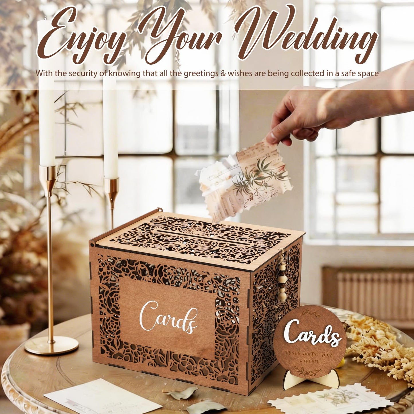 Ferrochef Wedding Card Box with Sign Boho Rustic Wood Gift Card Box Vintage Money Cards Holder for Wedding Baby Shower Graduation(Flower,Brown,11.4 x 9 x 8.5 Inches)