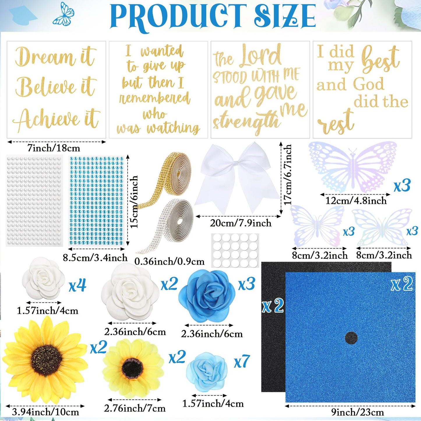 Gersoniel 45 Pcs DIY Graduation Cap Decorations Kit with Faux Flower Heads Graduation Quote Glitter Sticker Bow 3D Butterfly Rhinestone Pearl Stickers for Grad Cap Topper Art Craft Gift Decor(Blue)