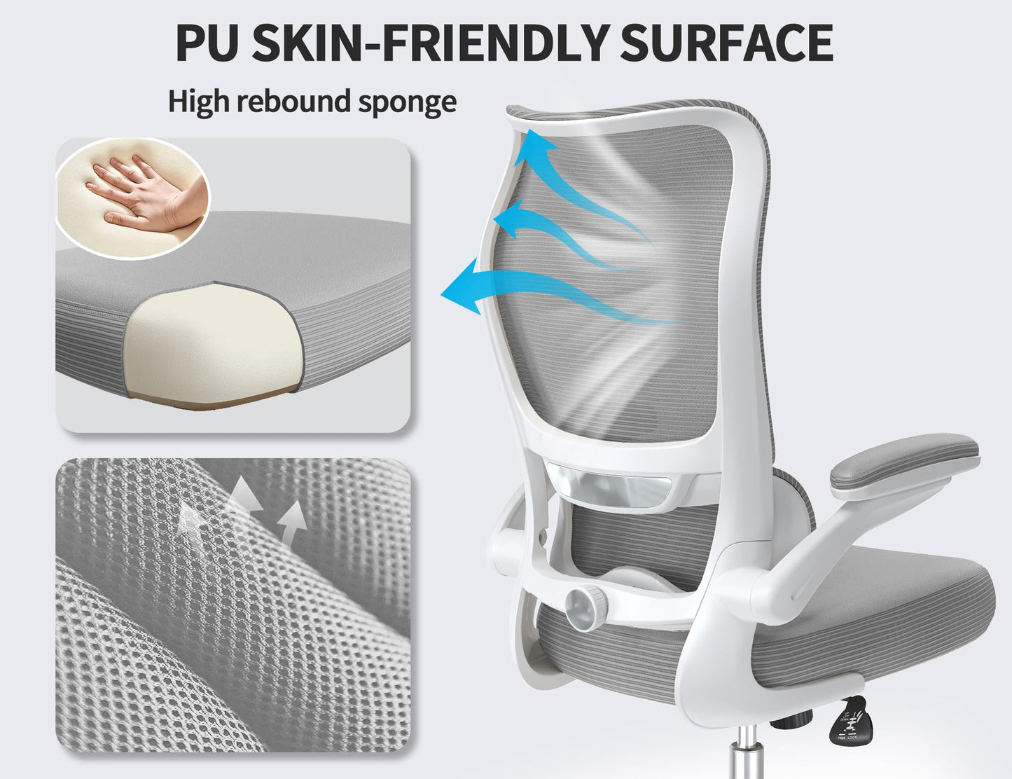 TRALT Ergonomic Office Chair - Desk Chair with Wave High Back Adjustable Lumbar Support Computer Chair - Gaming Chairs Mesh Backrest and PU Leather Seat for Home Reading Chairs to Adults(Grey)