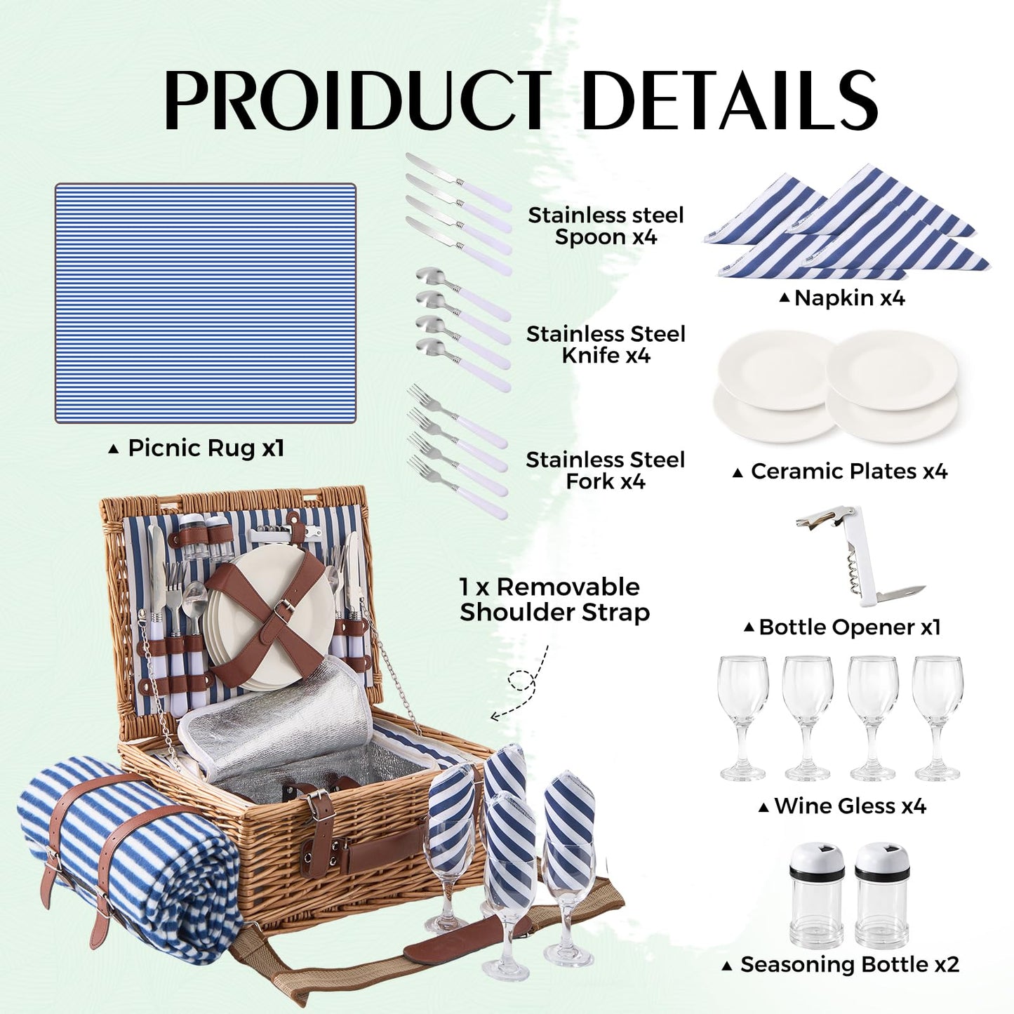 TOSTOOIRX Willow Picnic Basket Set for 4 with Large Insulated Bag and Waterproof Picnic Blanket, Wicker Picnic Hamper for Camping, Outdoor, Birthday, Valentine, Navy