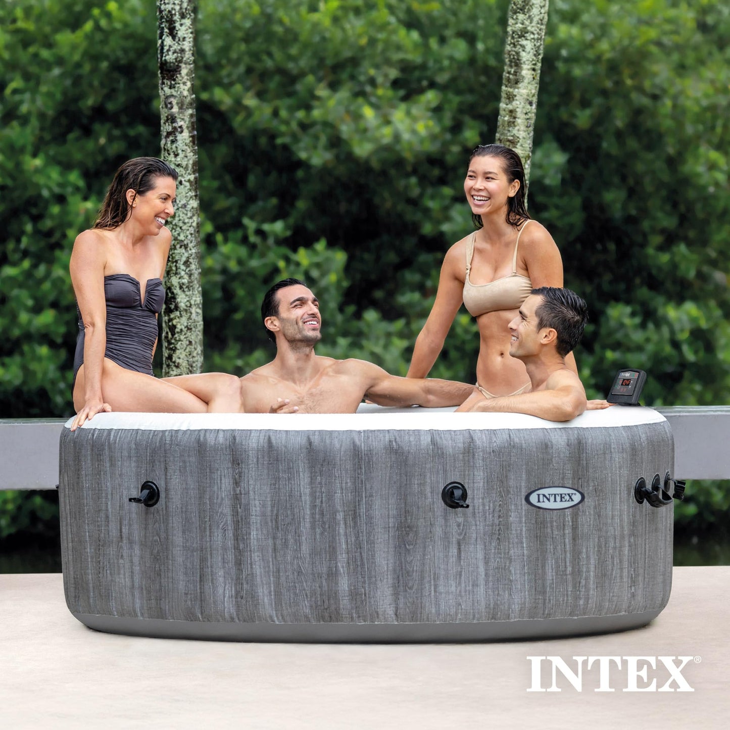 INTEX 28439EP PureSpa Greywood Deluxe Inflatable Spa Set: Includes Energy Efficient Cover – Spa Control App – Wireless Control Panel – 4 Person Capacity – 77" x 28"