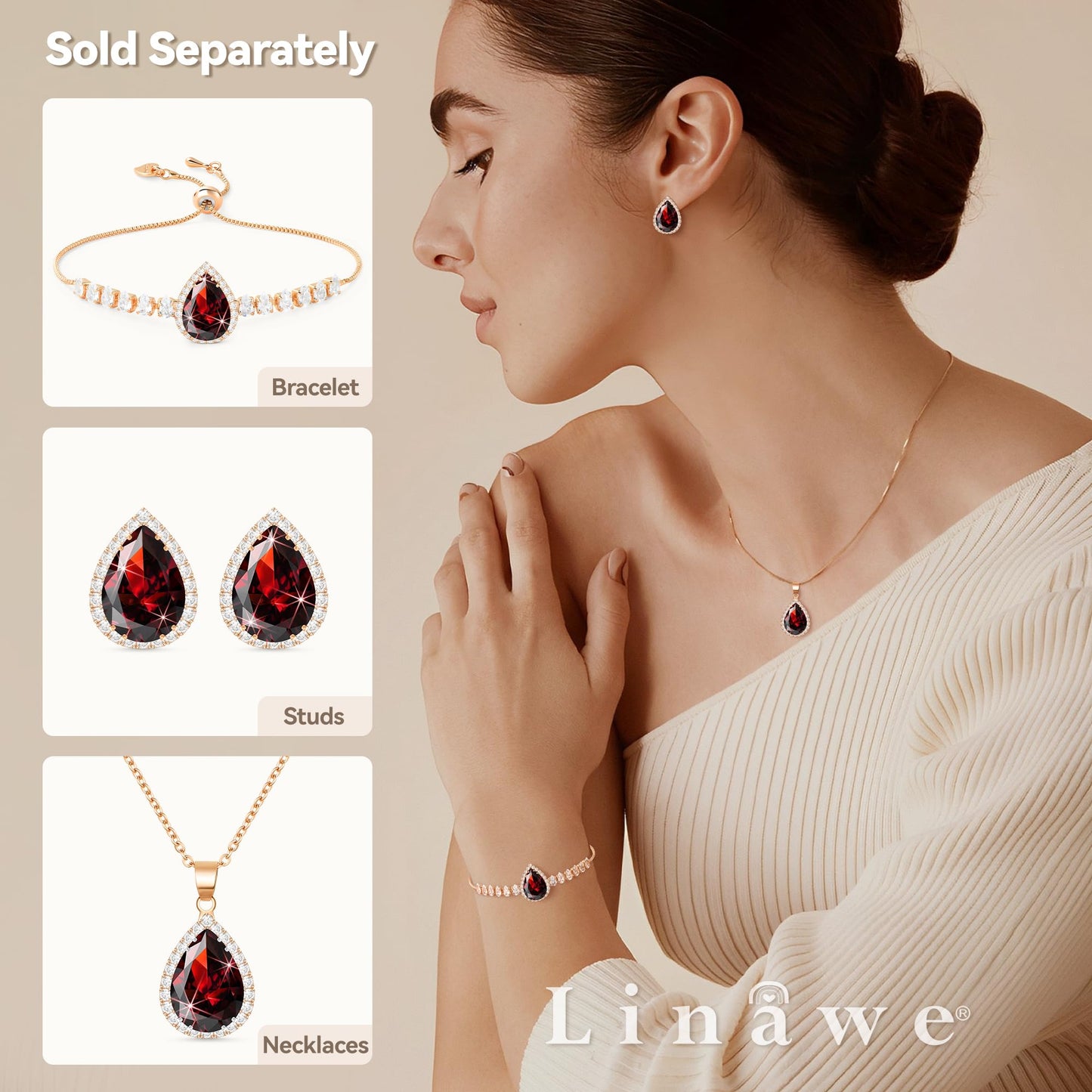 Linawe Ruby Rose Gold Chain Necklace for Women Trendy, Red Crystal Pendant Imitation Diamond Necklace, Boho Costume Jewelry Cubic Zirconia Birthstone Rhinestone Set