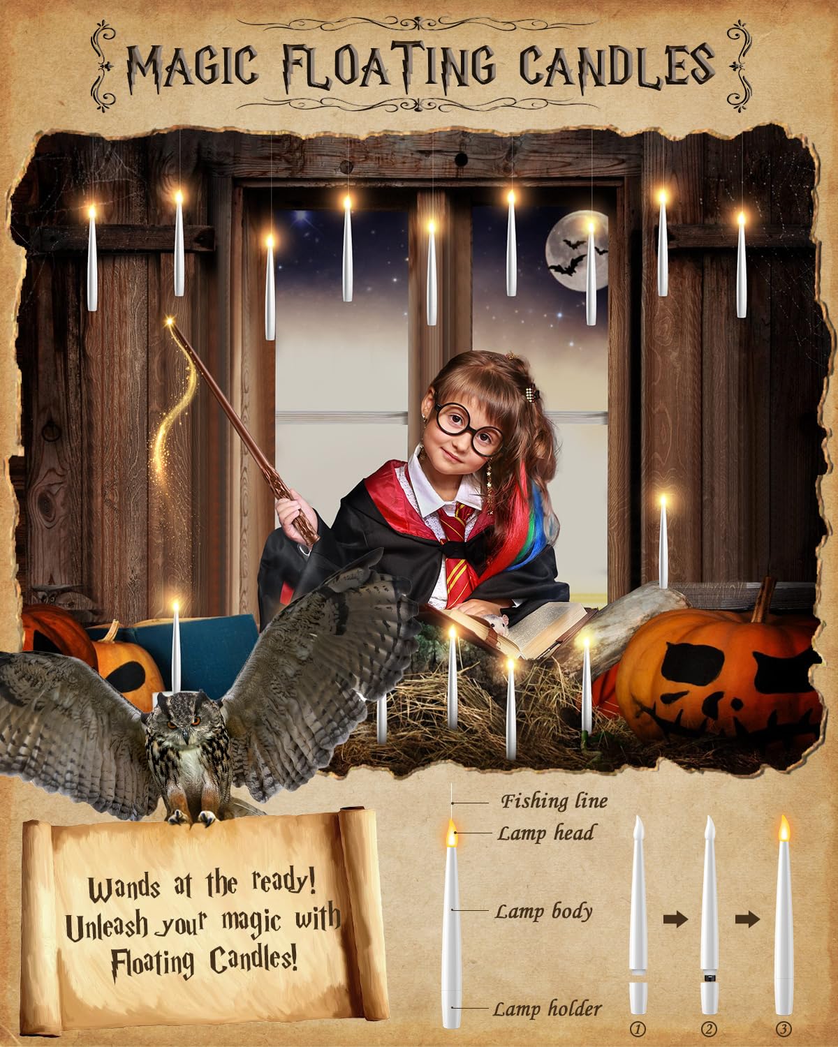 TLPUHU Floating Candles with Wand - Christmas Decorations Magic Flameless Candles Flickering Warm Light LED Hanging Candle Remote, Battery Operated Candles for Christmas Outdoor Indoor Party Decor