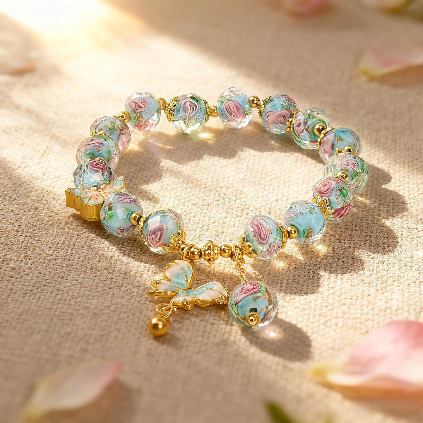Buddha Stones Blue Butterfly Charm Bracelet for Women, Liuli Flower Healing Bracelet with 8mm Floral Beads, Pastel Stretch Bracelets Jewelry Gifts for Her Mother