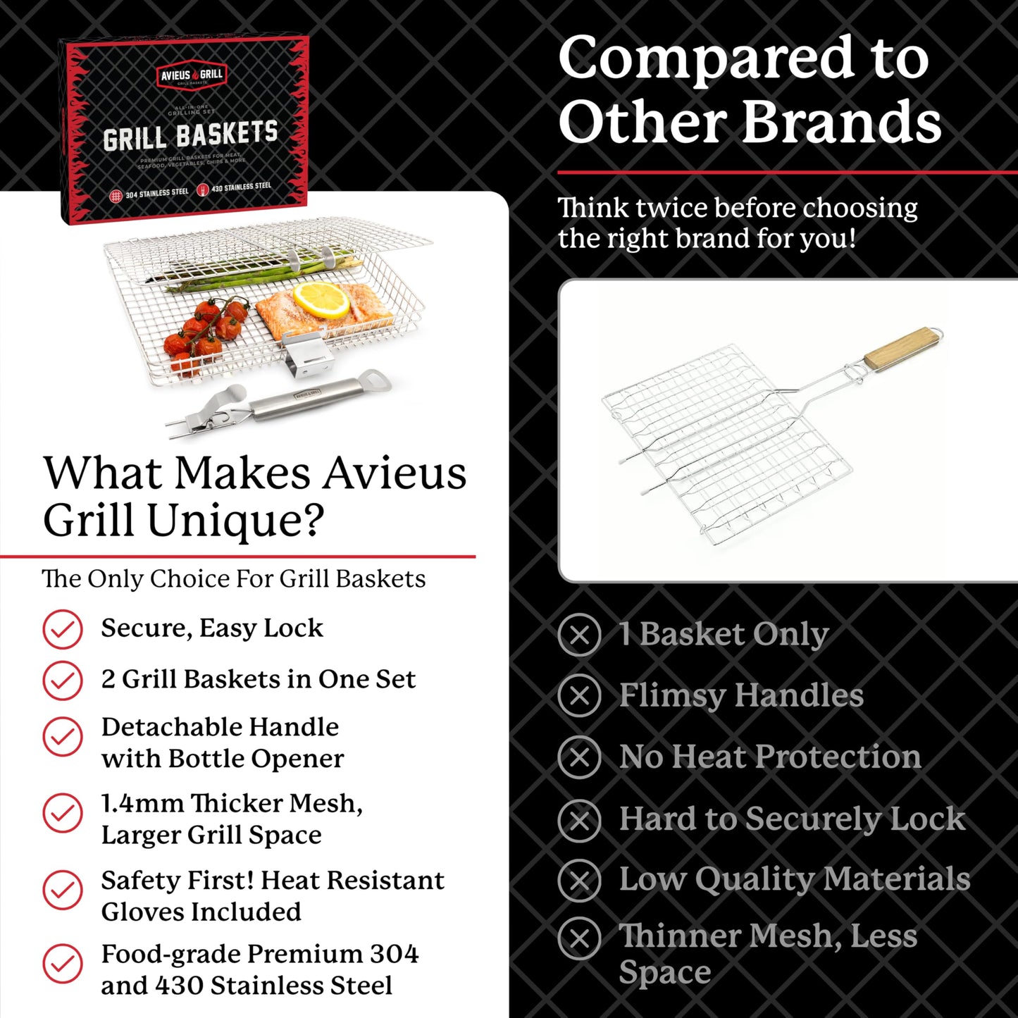 AVIEUS Grill Grill Baskets for Outdoor Grill | 2 Grilling Baskets with Detachable Handle | Barbecue Grill Set with BBQ Gloves | Portable Camping Net Rack Perfect for Vegetables, Seafood & Meat