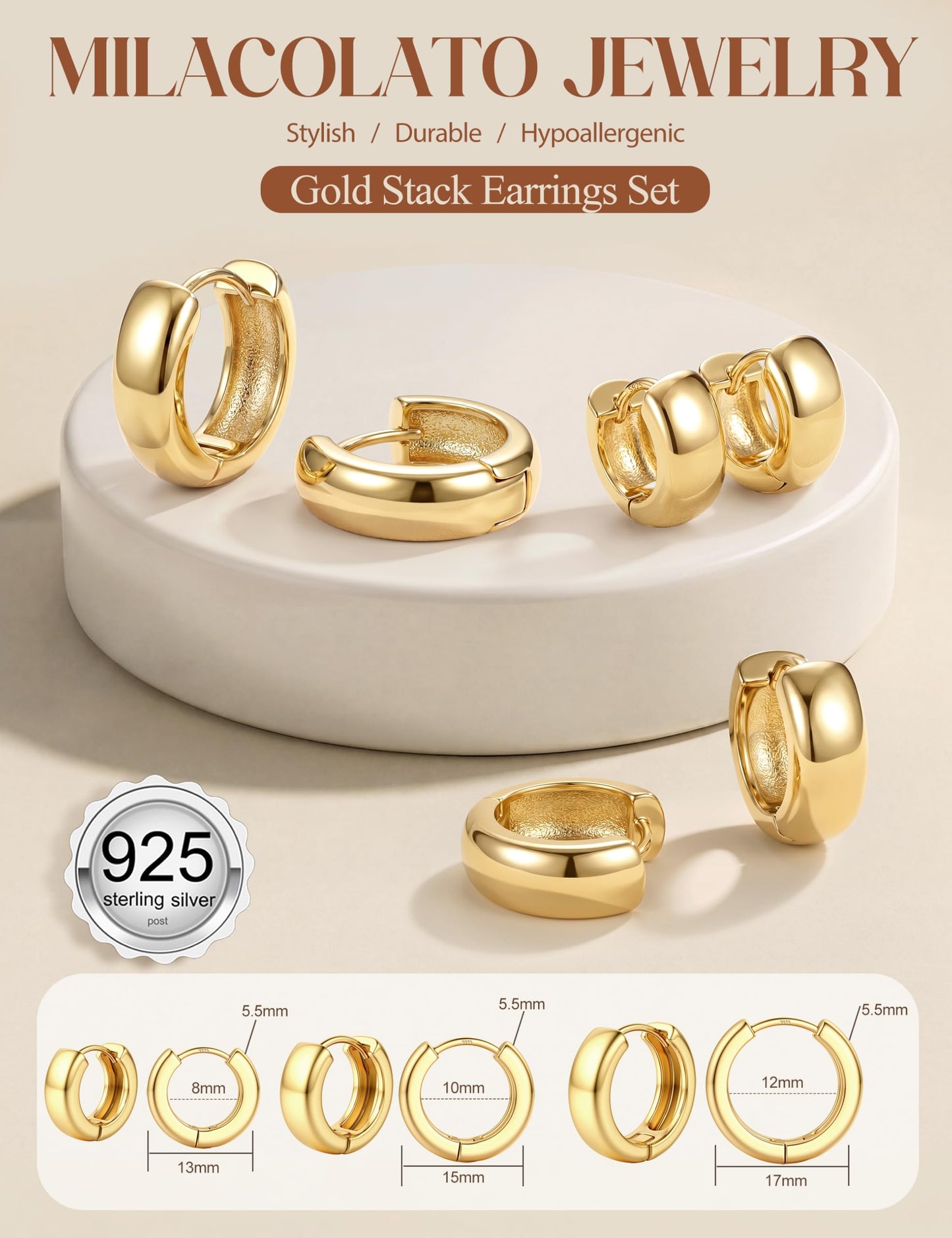 MILACOLATO 3Pairs 14K Gold Filled Hoop Earrings Set for Women Trendy Sterling Silver Post Small Chunky Hoop Earring Hypoallergenic Thick Huggie Hoop Earrings Stacks for Multiple Piercing Lightweight