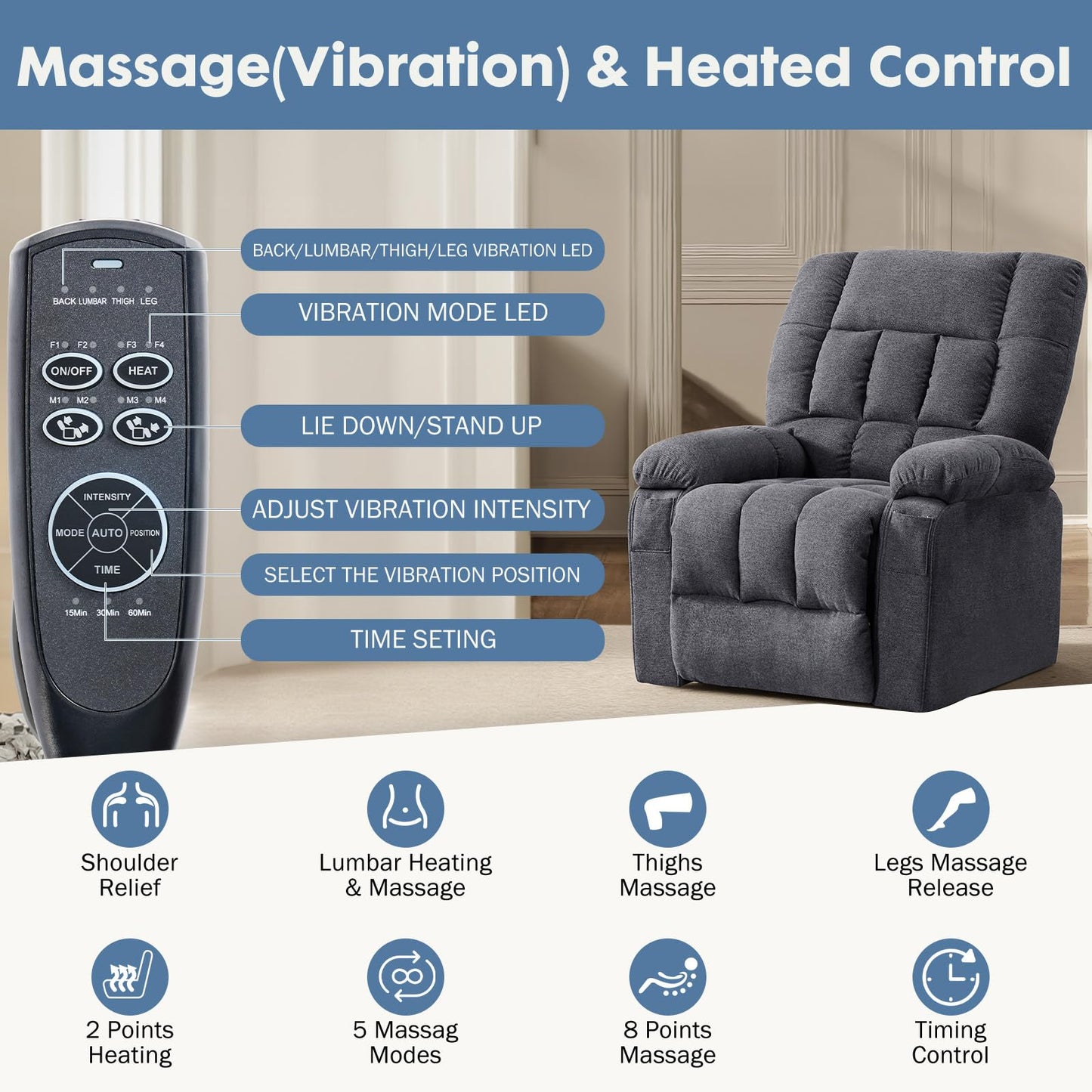 DUMOS Power Lift Recliner Chair with Vibration Massage and Heat for Elderly, Ergonomic Overstuffed Breathable Fabric Reclining Chair with 3 Pockets, Remote Control, Living Room, Bedroom, Grey