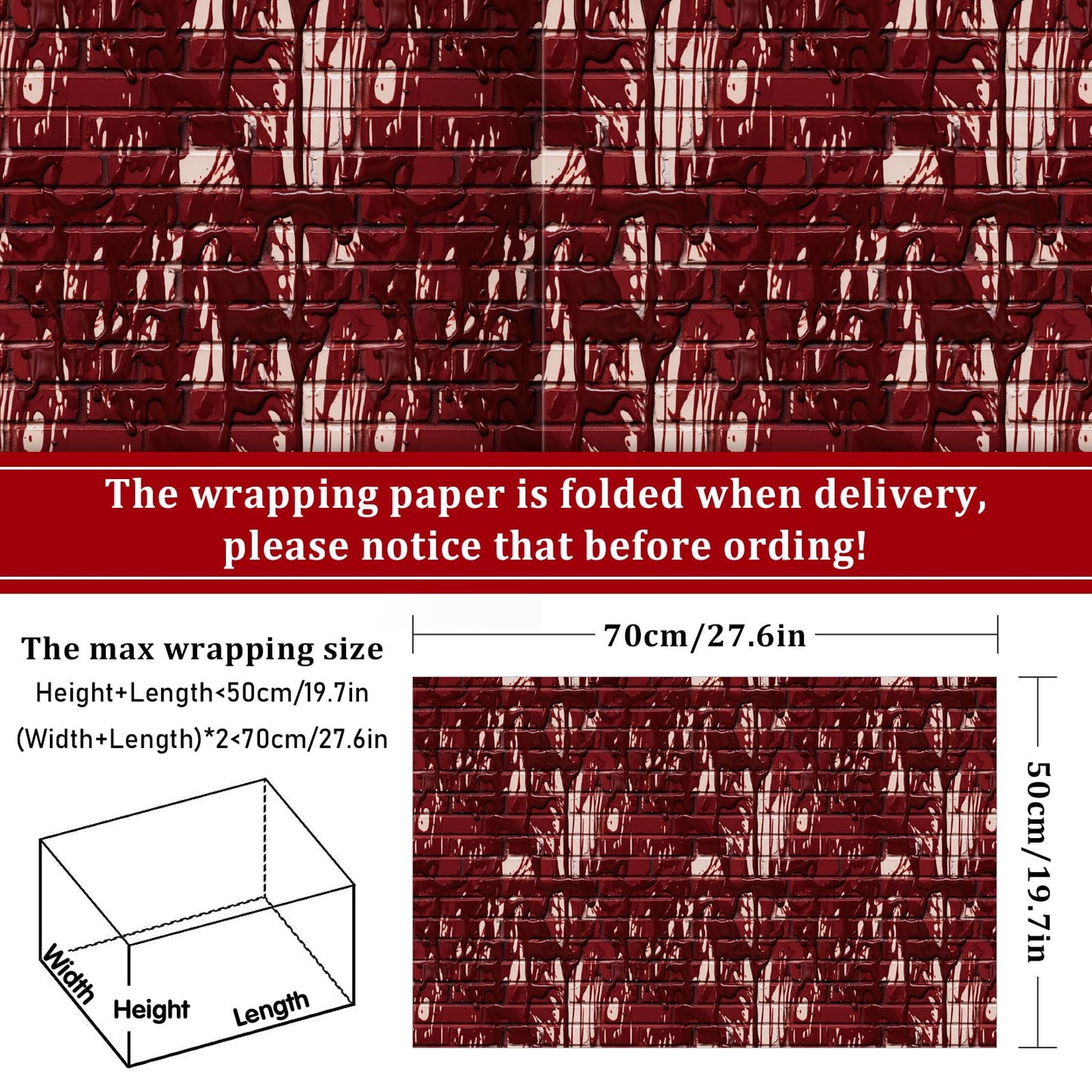 JarThenaAMCS 12 Sheets Halloween Bloody Wrapping Paper - Not Roll - Blood Splatter Brick Gift Wrap Paper Folded Flat for DIY Crafts Holiday Horror Party Supplies, 19.7 x 27.6 Inch