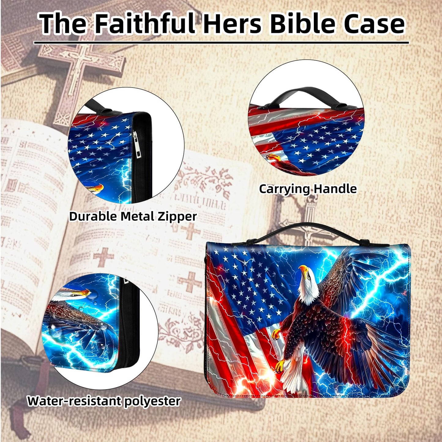ETLKJVBL Leather Bible Cover for Women & Men, American Flag Eagle Fits Most Standard & Large Bibles - Premium Church, Travel, Gift Bible Case with Zipper Closure & Handles