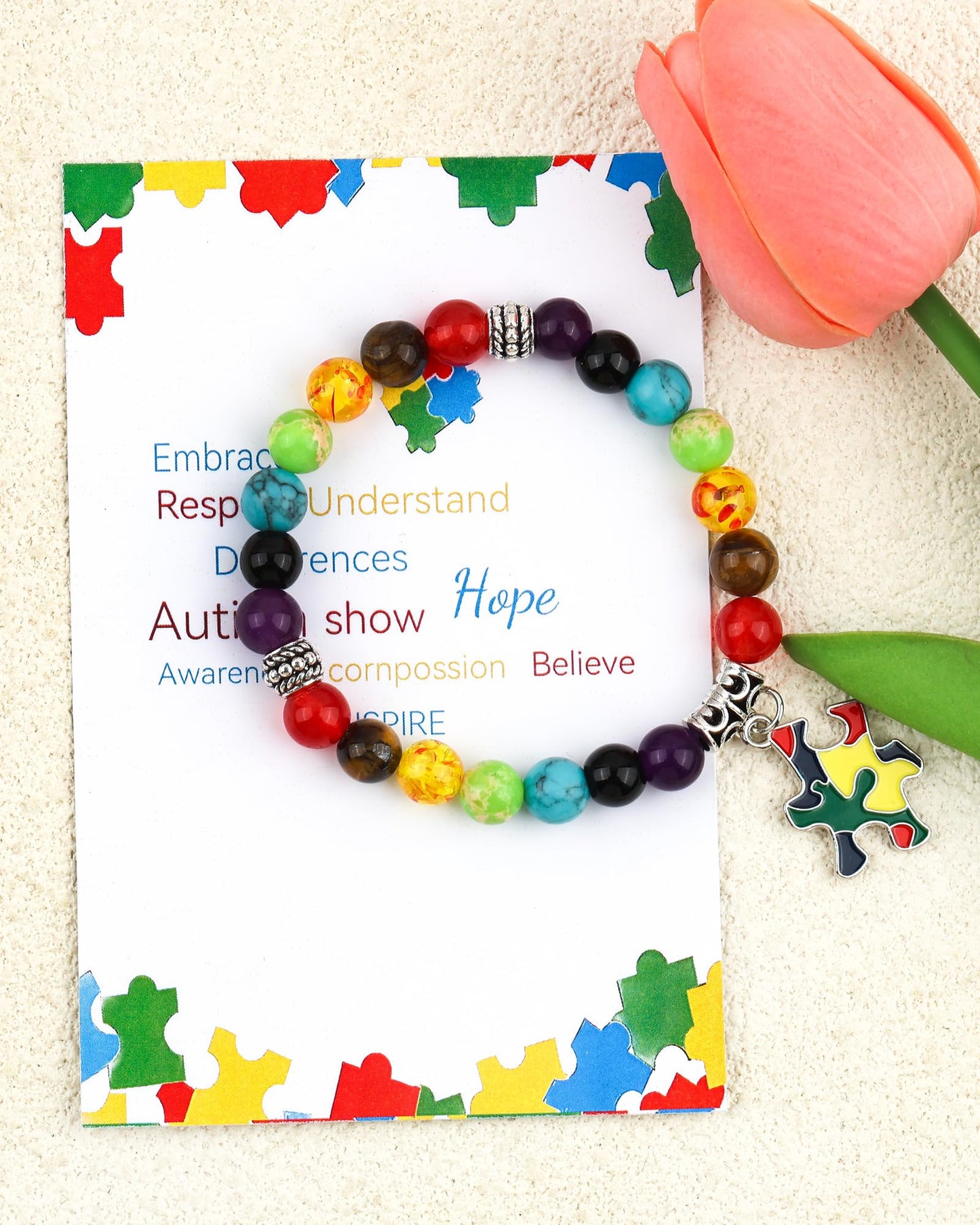 CLOORDE Autism Awareness Bracelet for Women Men 7 Chakra Gemstone Autism Acceptance Beaded Bracelet Heart Puzzle Piece Charm Bracelets Natural Stone Healing Stretch Bracelets Jewelry Gifts