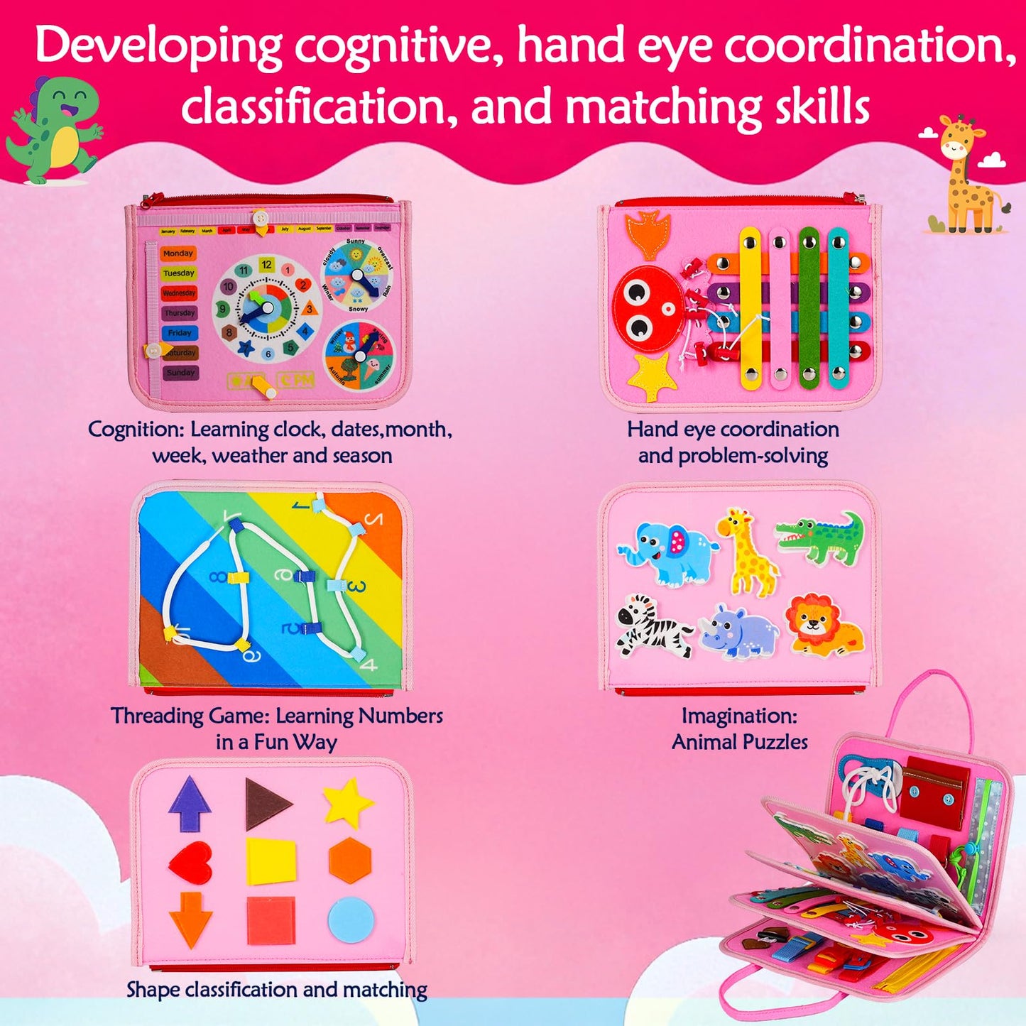GiggleCraft Montessori Busy Board for Toddlers – Sensory Busy Book with Buckles, Zippers, Letters, Animals, Toddler Activities – Fine Motor Skills Development Learning for Boys Girls Travel Activity