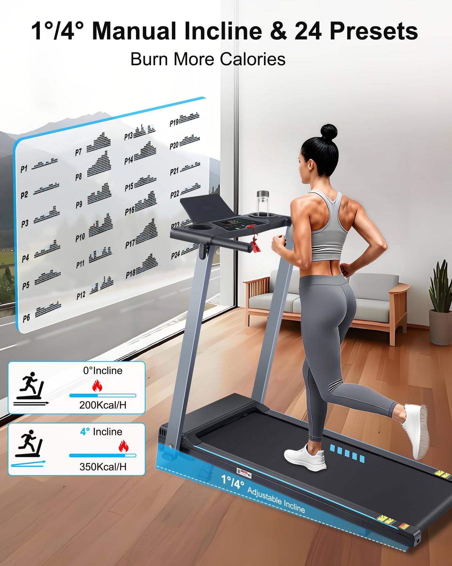BORGUSI Incline Treadmill with Handles, Portable Small Folding Treadmill for Home Office, Walking Pad with 300 LBS Capacity, 24 Preset Programs, LED Display, Extendable Cup Holder