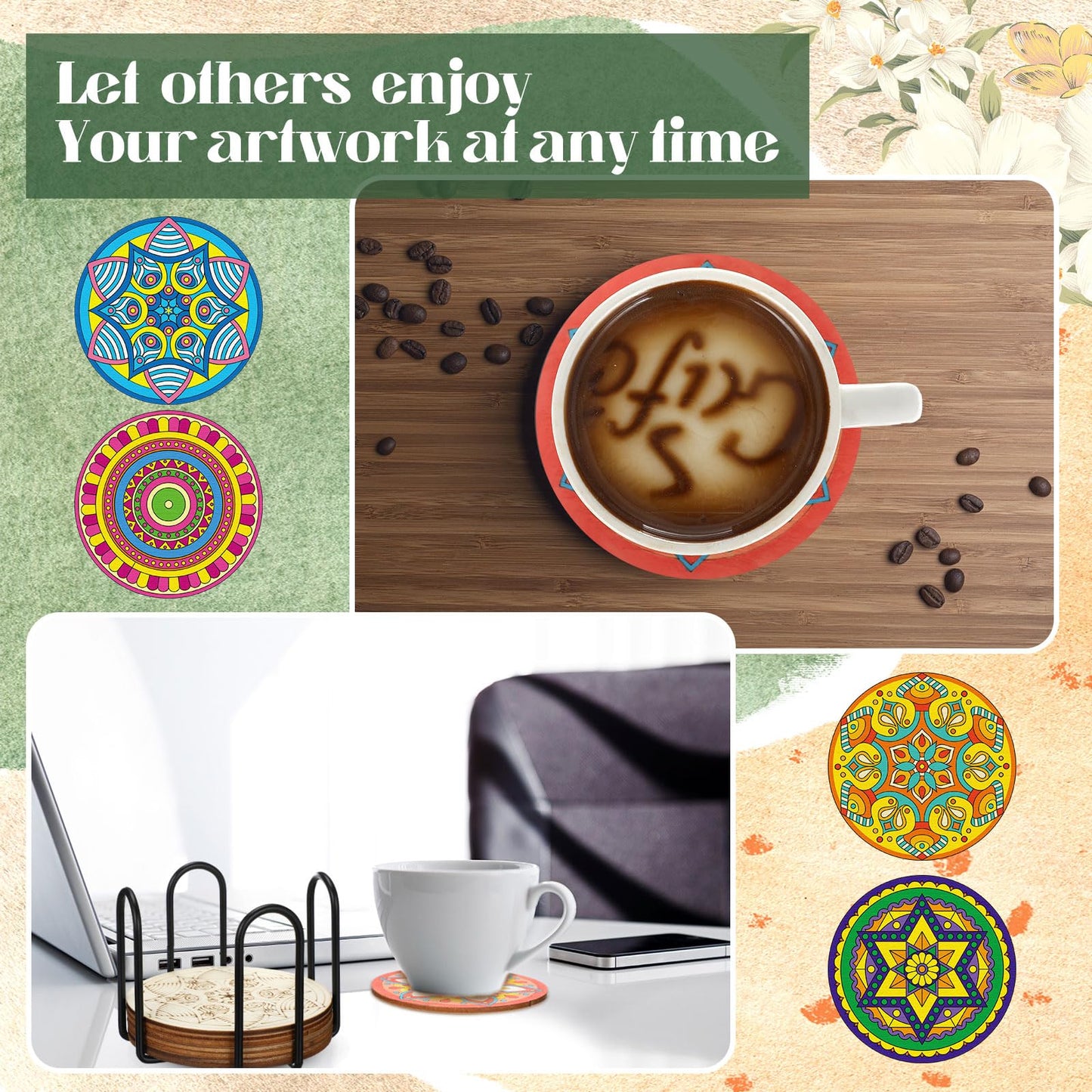 Reallnaive 45 Pcs Mandala Wooden Coasters Painting Kit, 4 Inch Paint Your Own Boho Coasters with Markers, Mothers Day Arts and Crafts for Adults Women Seniors Elderly Crafters Gifts