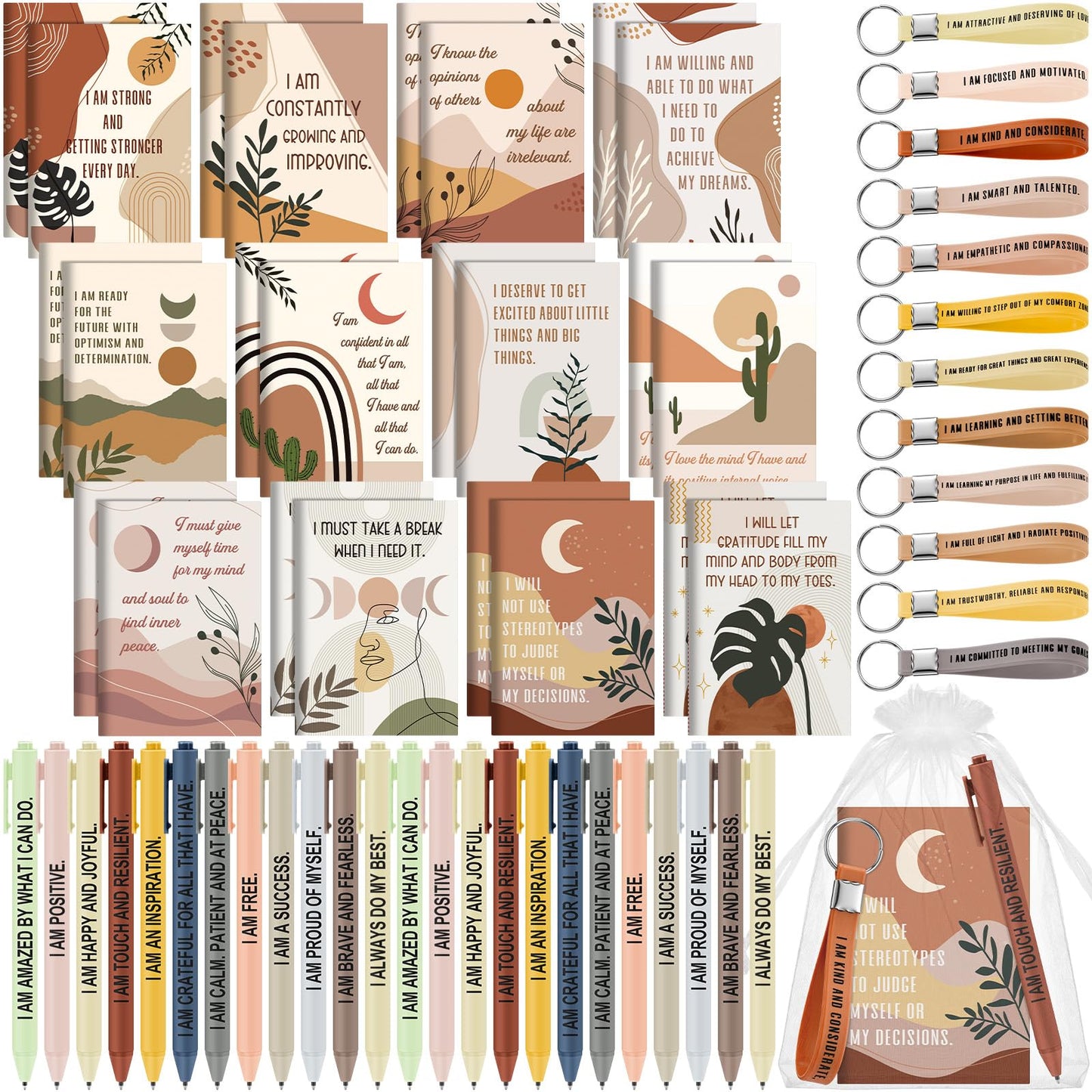 Mooliwe Positive Affirmation Gift Set Gratitude Notebooks with Pens Keychains Small Bags Motivational Party Favors for Adult Women Coworkers Employee Group(24 Set,Boho)