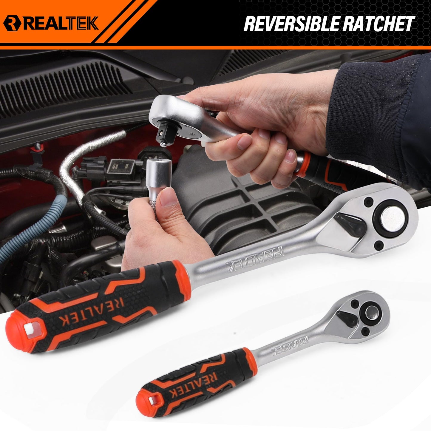 REALTEK 100 Piece Mechanic Tool Set, Car Tool Kit, Cr-V Socket Wrench Auto Repair Kit Includes Socket Accessories, Pliers, Heavy Hammer, Screw Drivers, General Households Tools with Larger Case